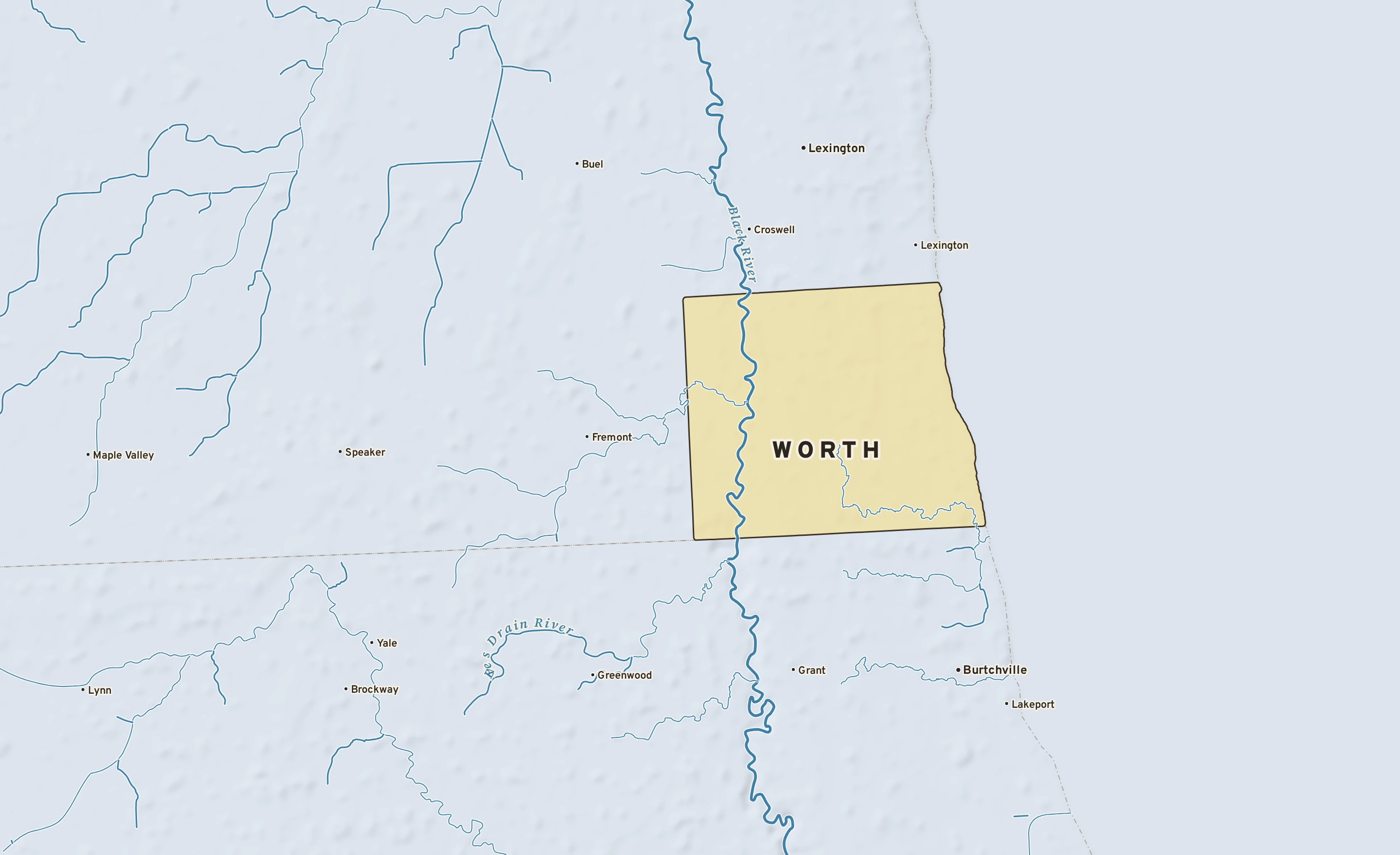 Shaded-relief atlas plate of Worth, Michigan: rivers, roads, the city limits and where the water drains.