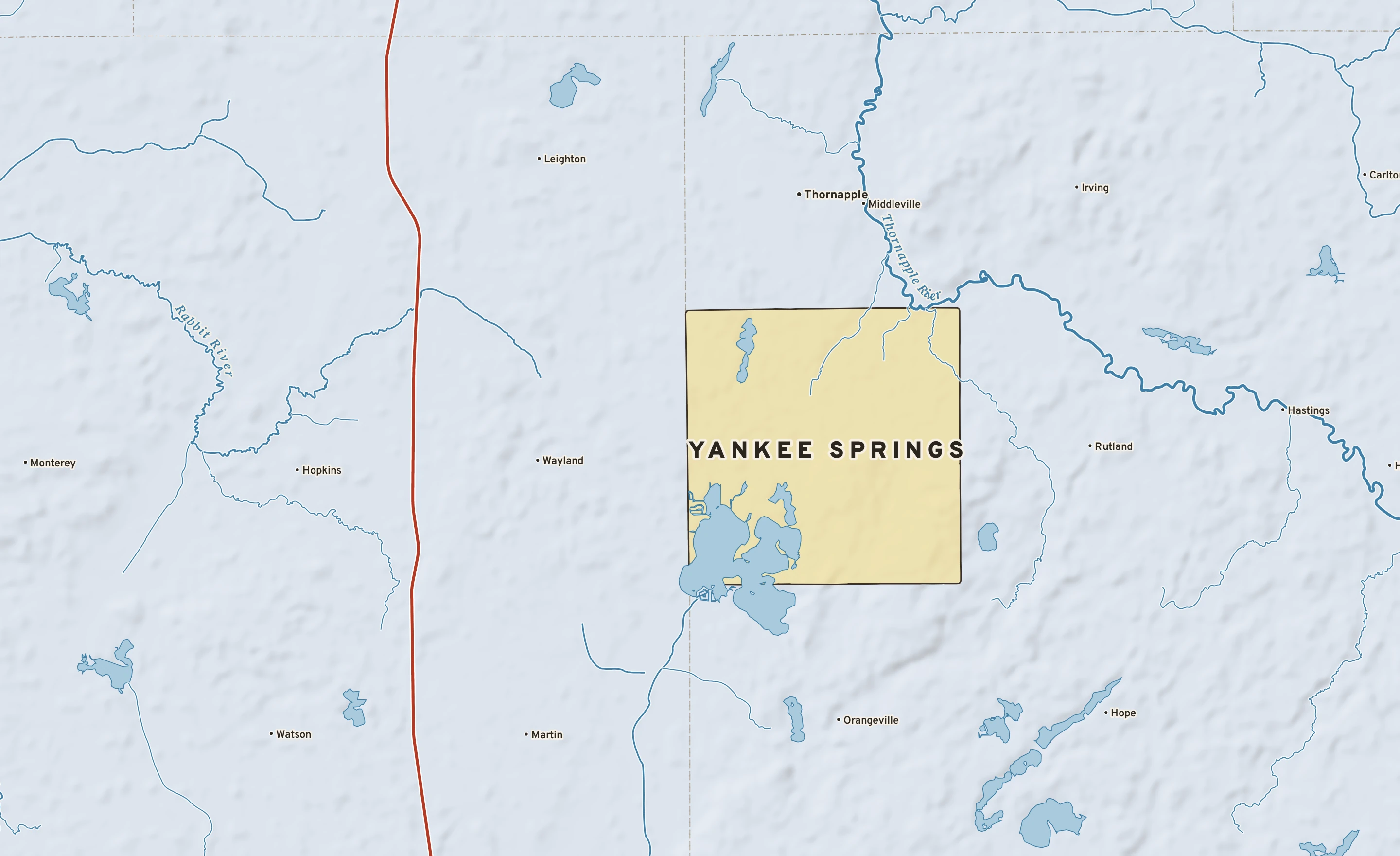 Shaded-relief atlas plate of Yankee Springs, Michigan: rivers, roads, the city limits and where the water drains.