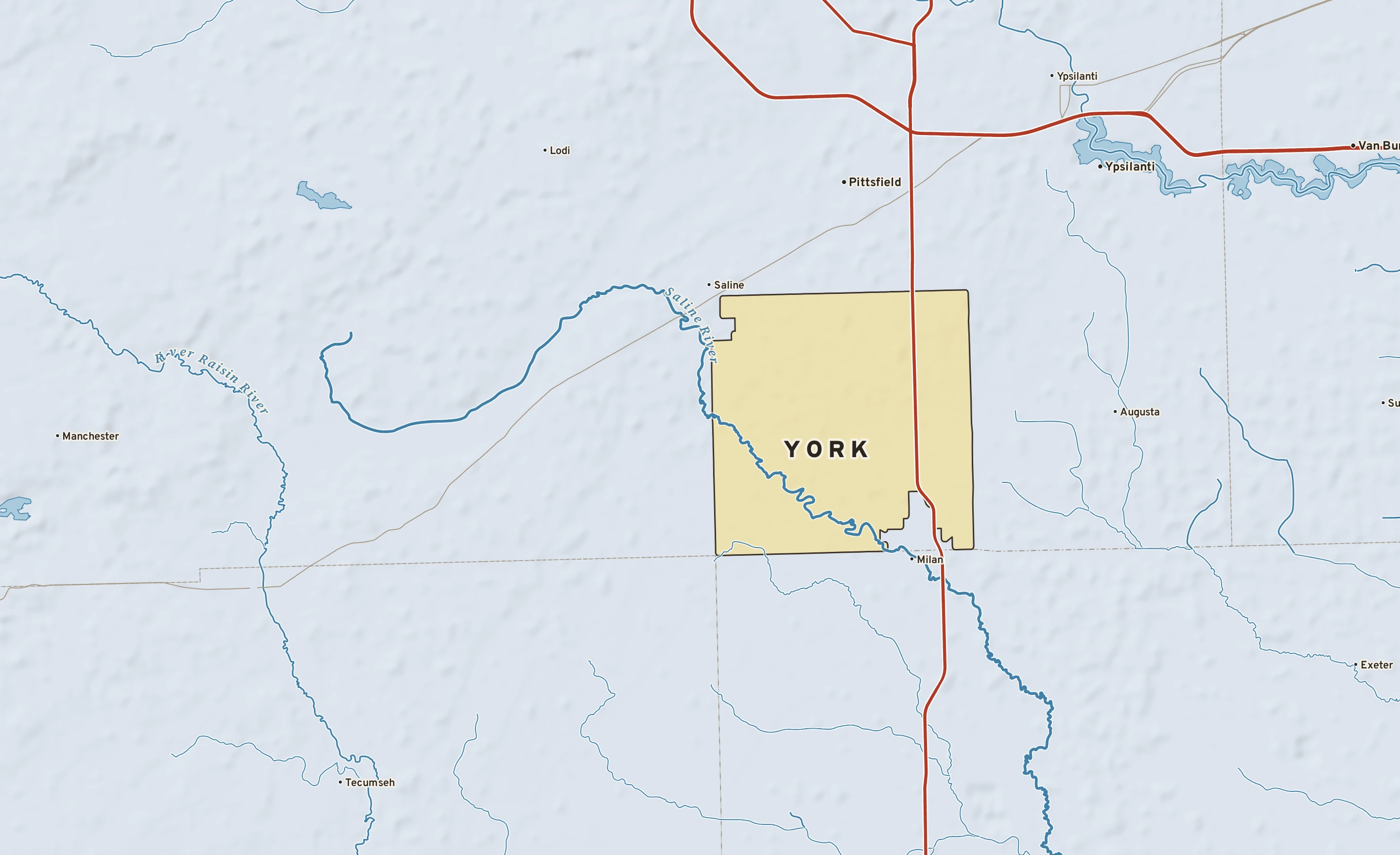 Shaded-relief atlas plate of York, Michigan: rivers, roads, the city limits and where the water drains.