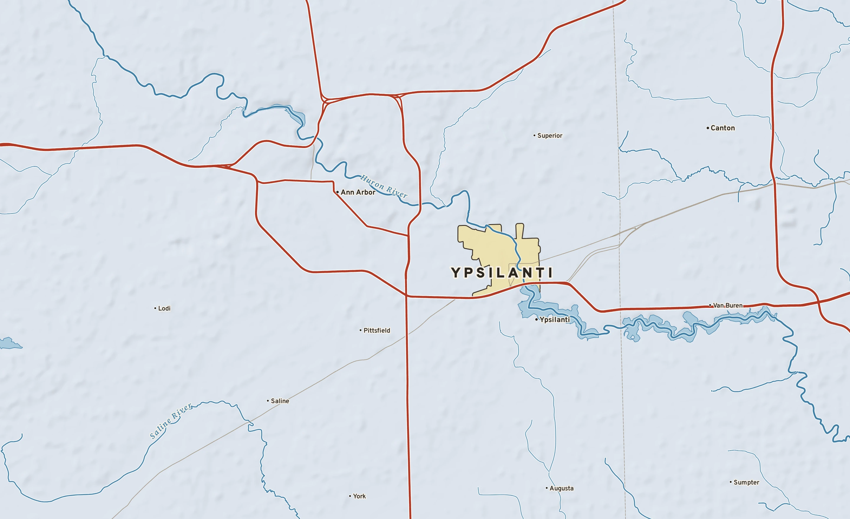 Shaded-relief atlas plate of Ypsilanti, Michigan: rivers, roads, the city limits and where the water drains.