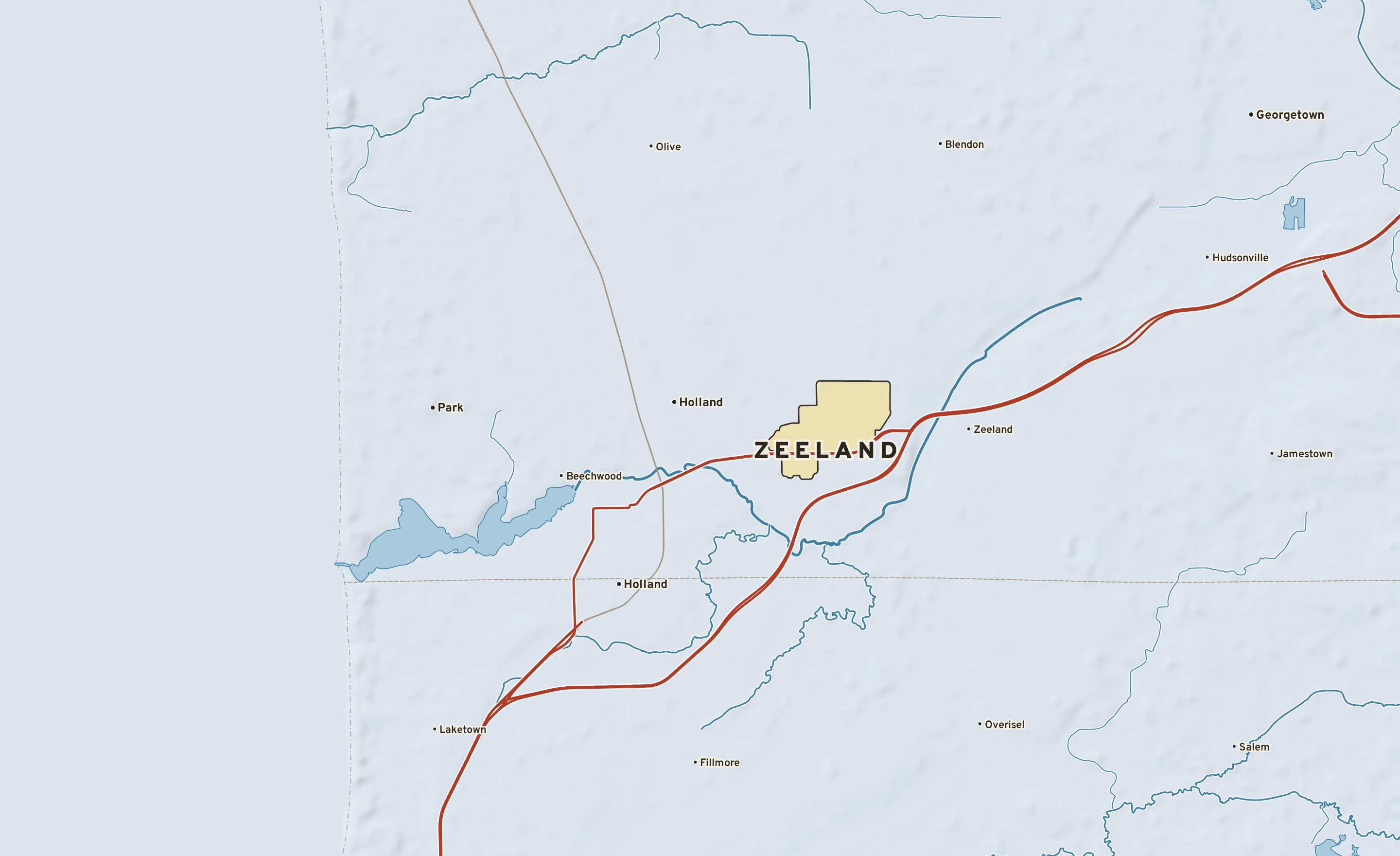 Shaded-relief atlas plate of Zeeland, Michigan: rivers, roads, the city limits and where the water drains.