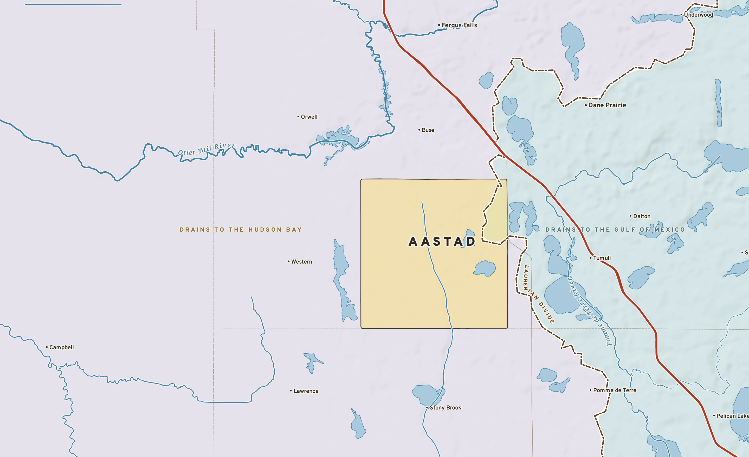 Shaded-relief atlas plate of Aastad, Minnesota: rivers, roads, the city limits and where the water drains.