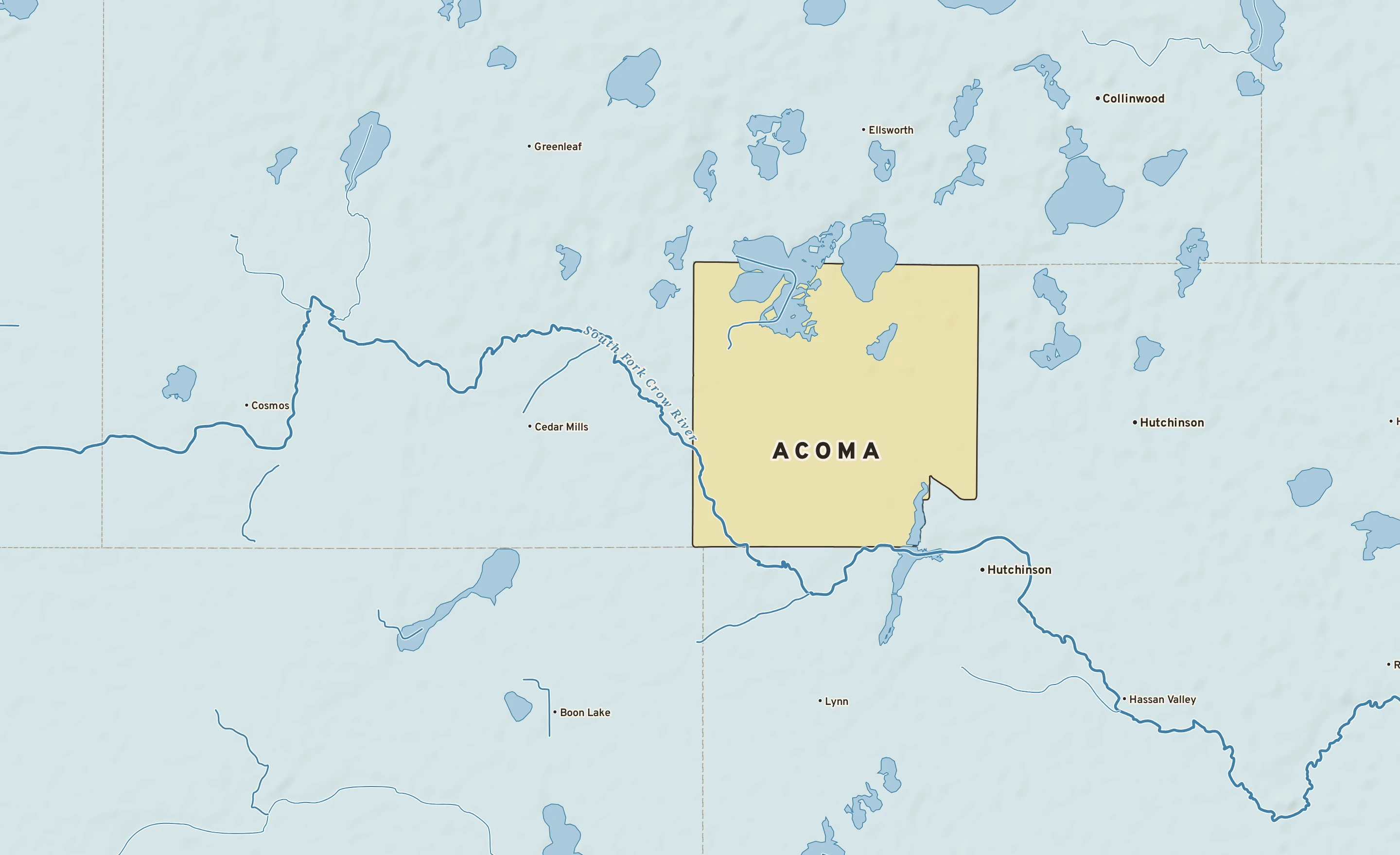 Shaded-relief atlas plate of Acoma, Minnesota: rivers, roads, the city limits and where the water drains.