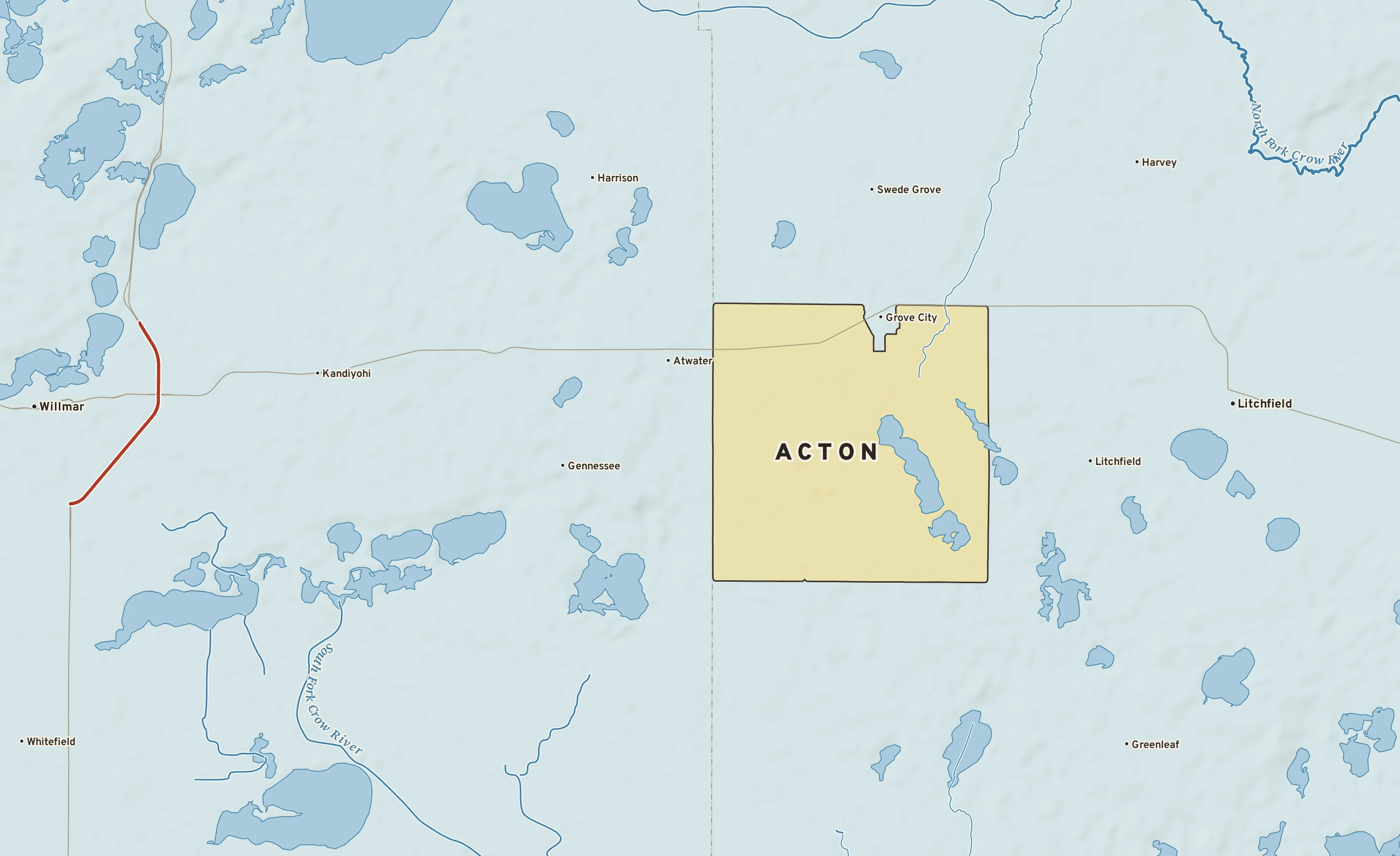 Shaded-relief atlas plate of Acton, Minnesota: rivers, roads, the city limits and where the water drains.