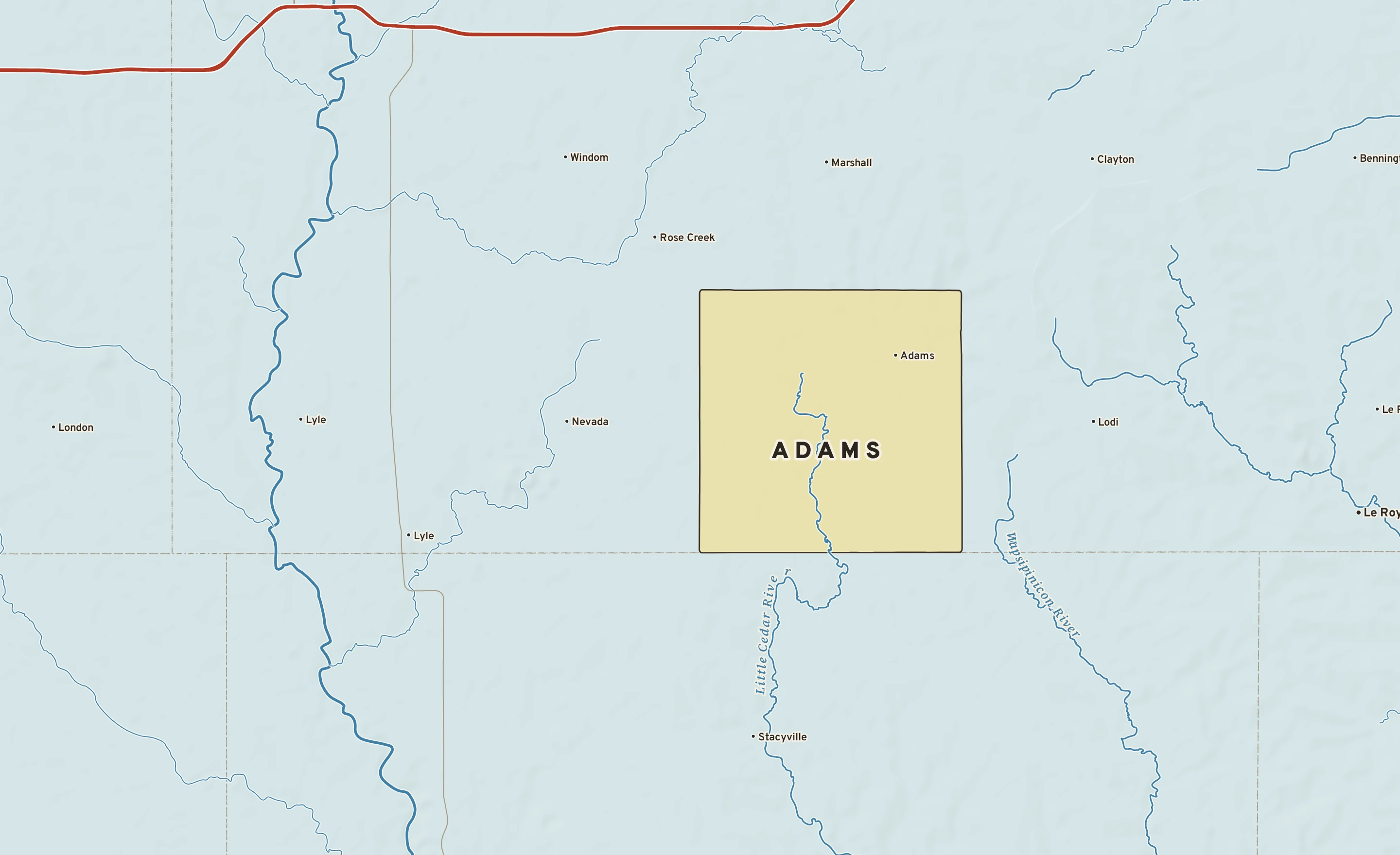 Shaded-relief atlas plate of Adams, Minnesota: rivers, roads, the city limits and where the water drains.