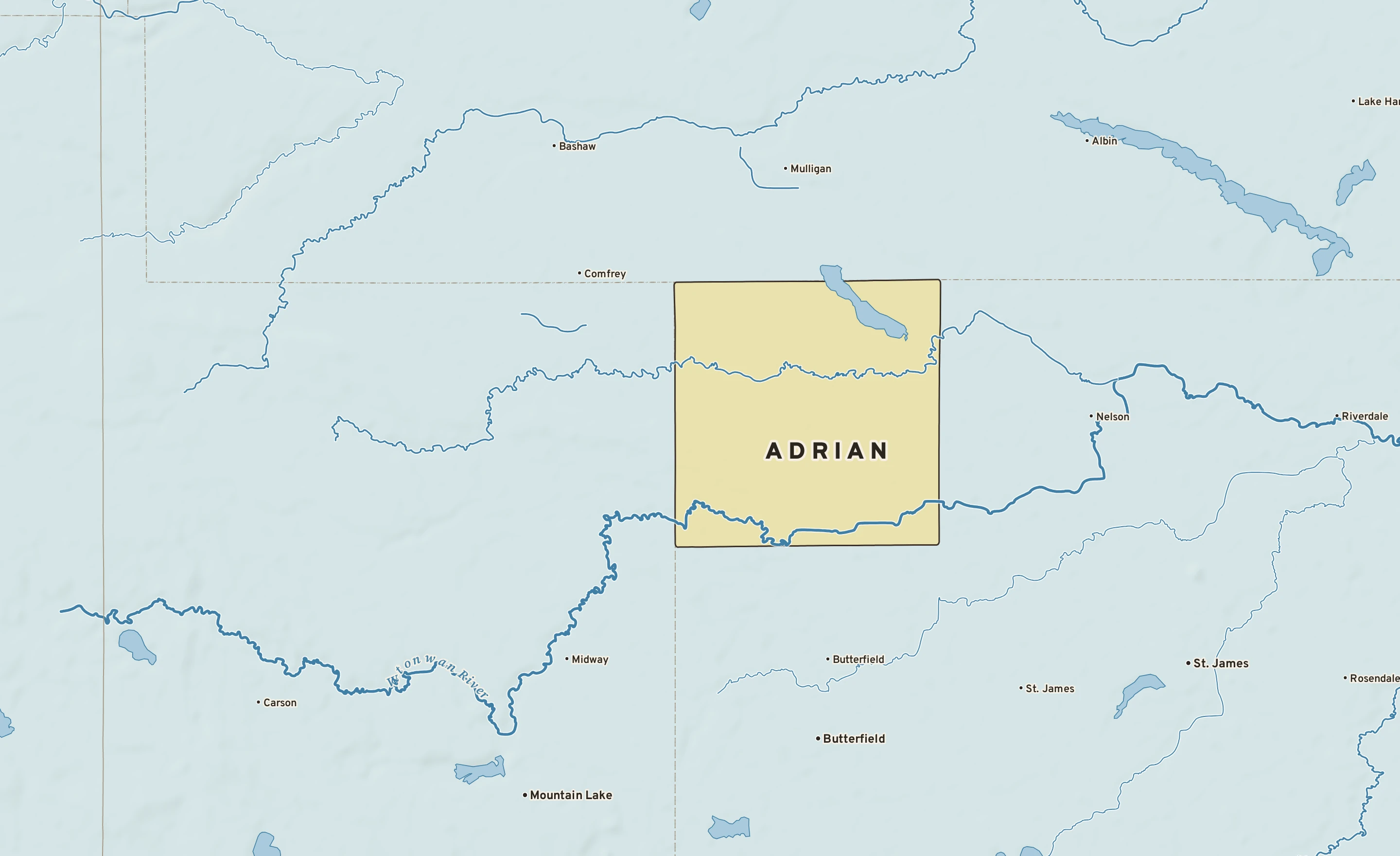 Shaded-relief atlas plate of Adrian, Minnesota: rivers, roads, the city limits and where the water drains.