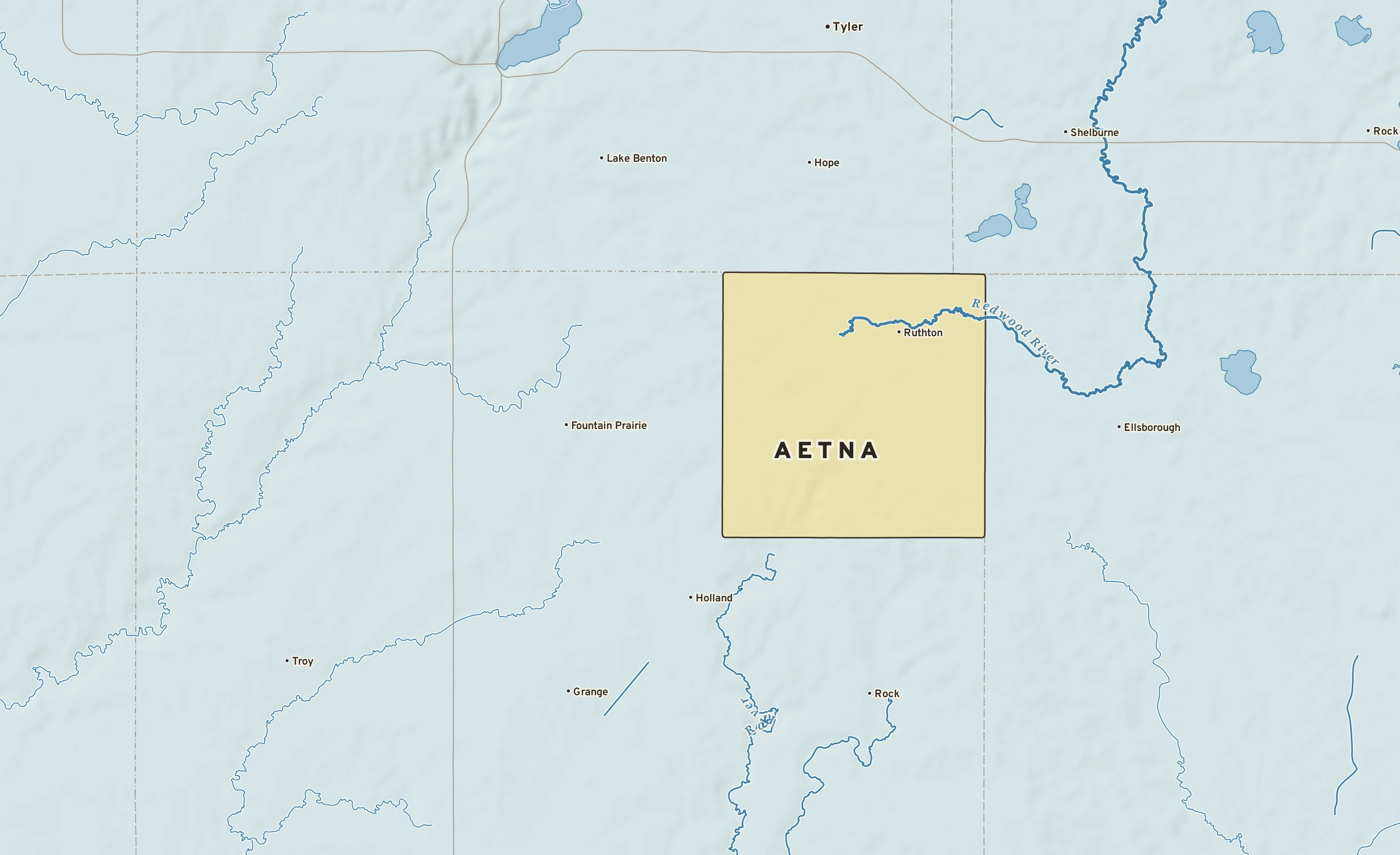 Shaded-relief atlas plate of Aetna, Minnesota: rivers, roads, the city limits and where the water drains.