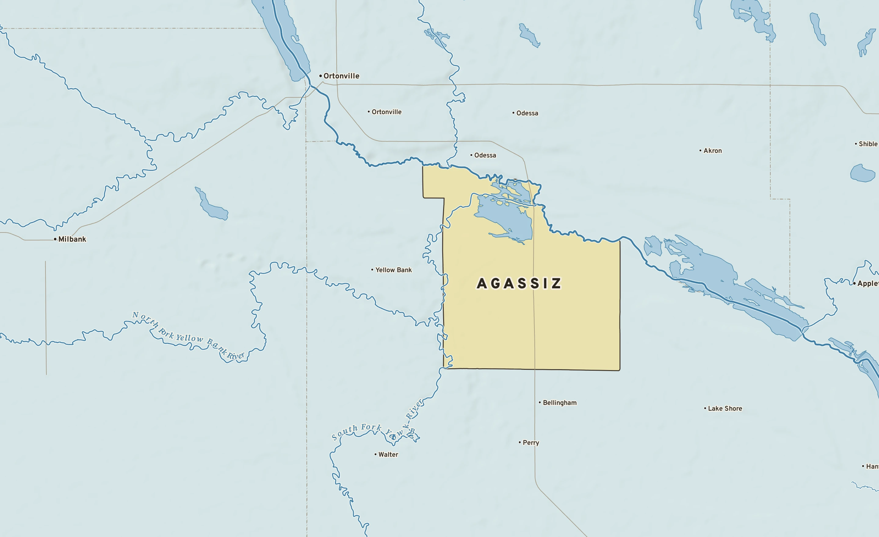 Shaded-relief atlas plate of Agassiz, Minnesota: rivers, roads, the city limits and where the water drains.
