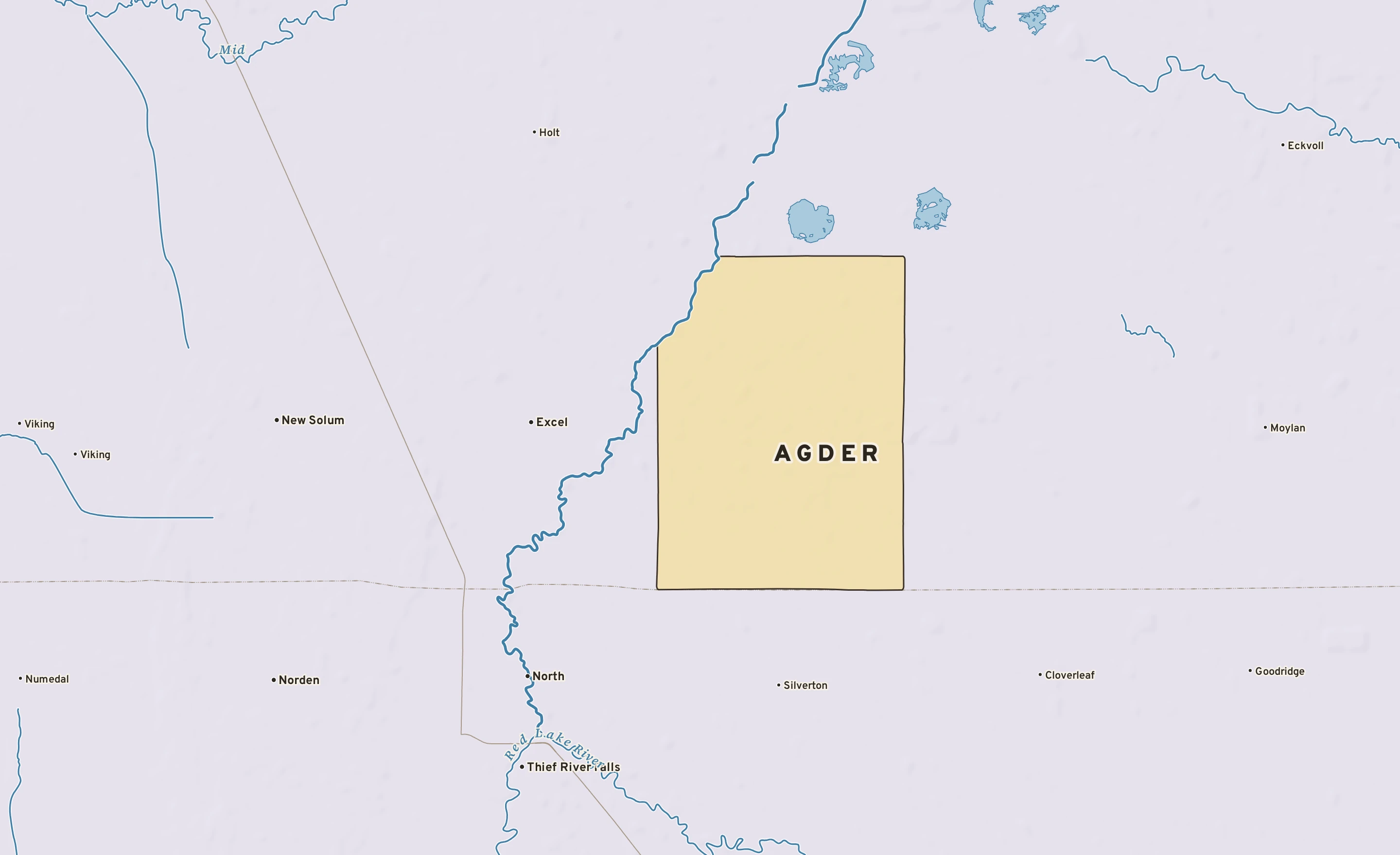 Shaded-relief atlas plate of Agder, Minnesota: rivers, roads, the city limits and where the water drains.