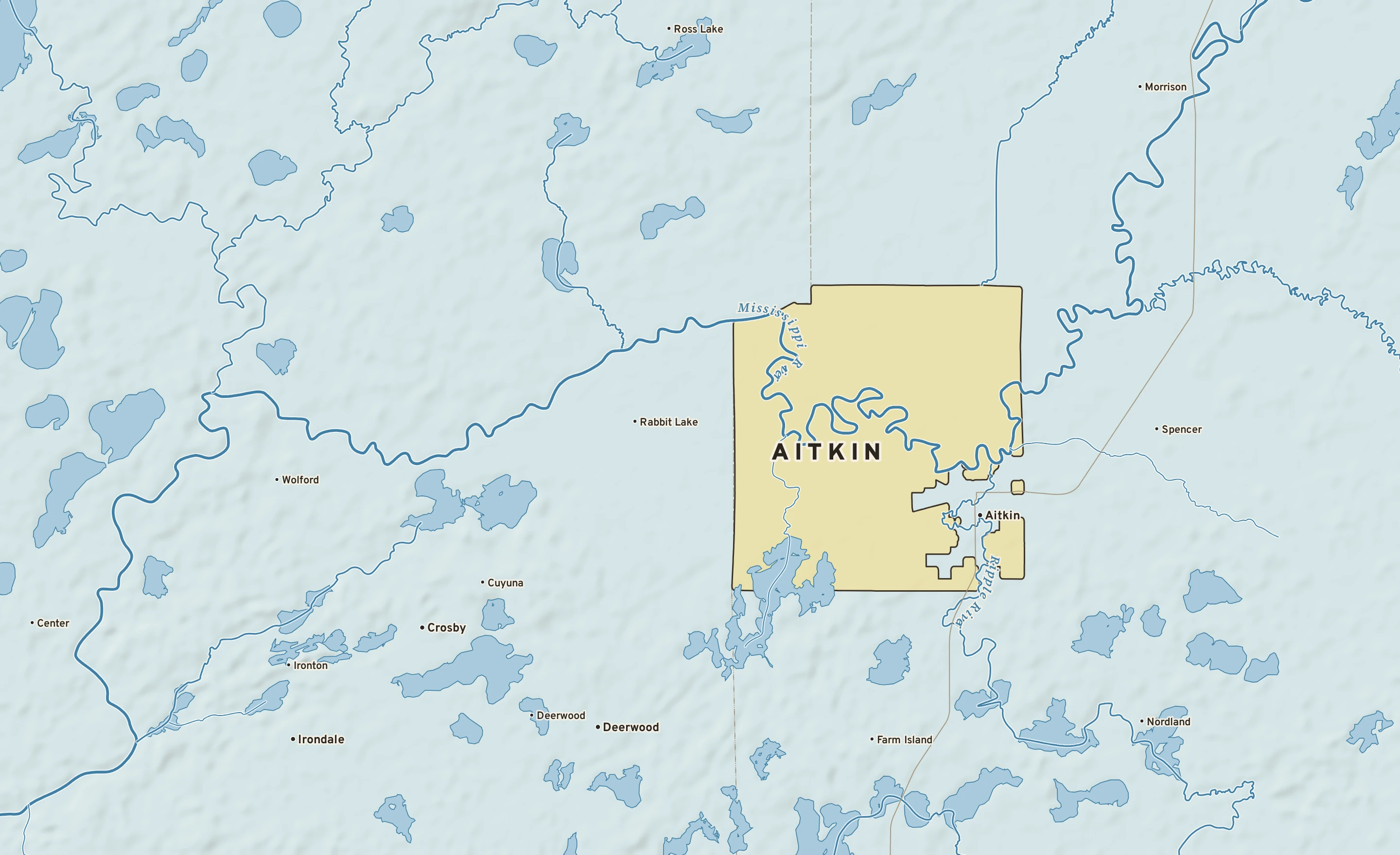 Shaded-relief atlas plate of Aitkin, Minnesota: rivers, roads, the city limits and where the water drains.