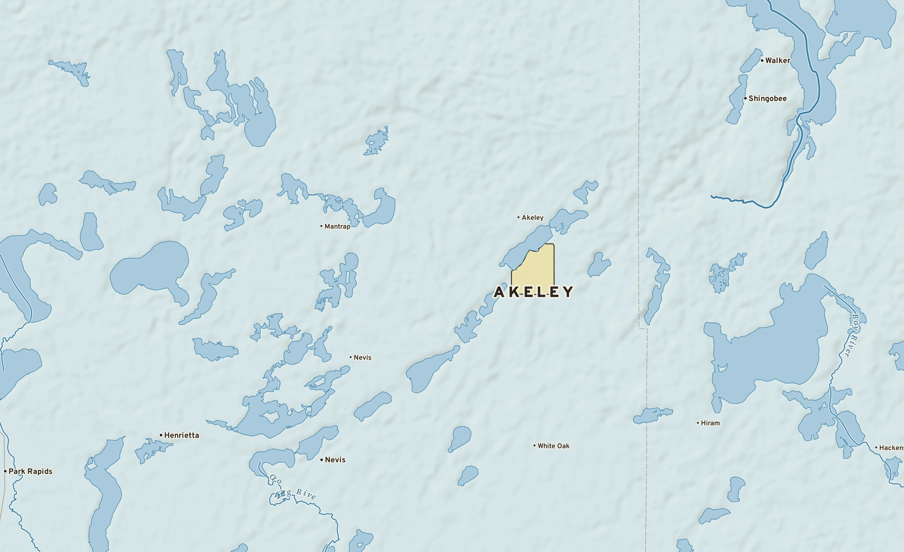 Shaded-relief atlas plate of Akeley, Minnesota: rivers, roads, the city limits and where the water drains.