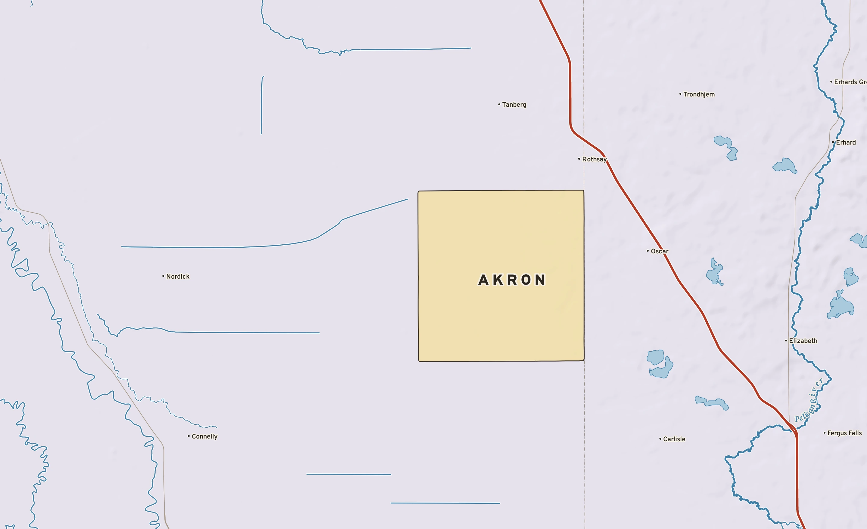 Shaded-relief atlas plate of Akron, Minnesota: rivers, roads, the city limits and where the water drains.