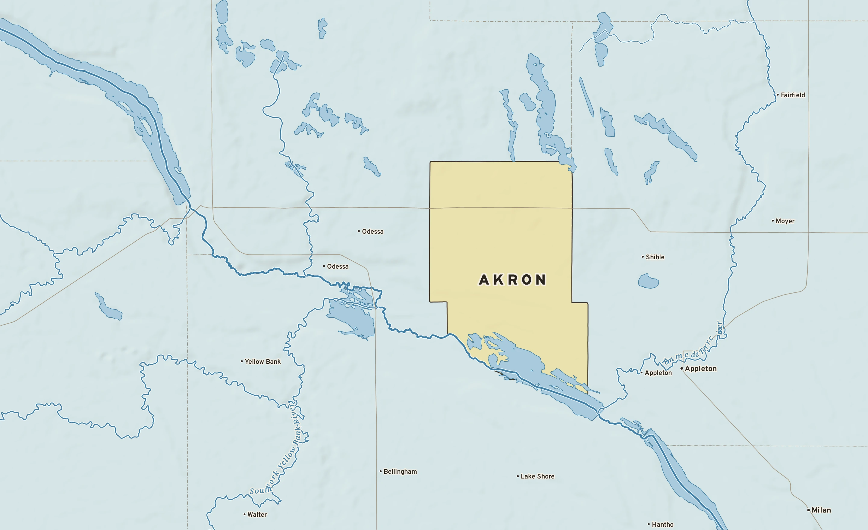 Shaded-relief atlas plate of Akron, Minnesota: rivers, roads, the city limits and where the water drains.