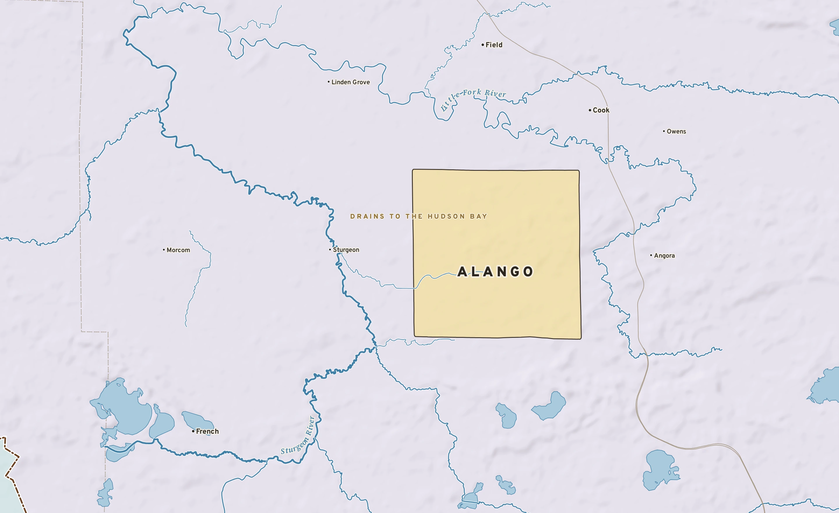 Shaded-relief atlas plate of Alango, Minnesota: rivers, roads, the city limits and where the water drains.