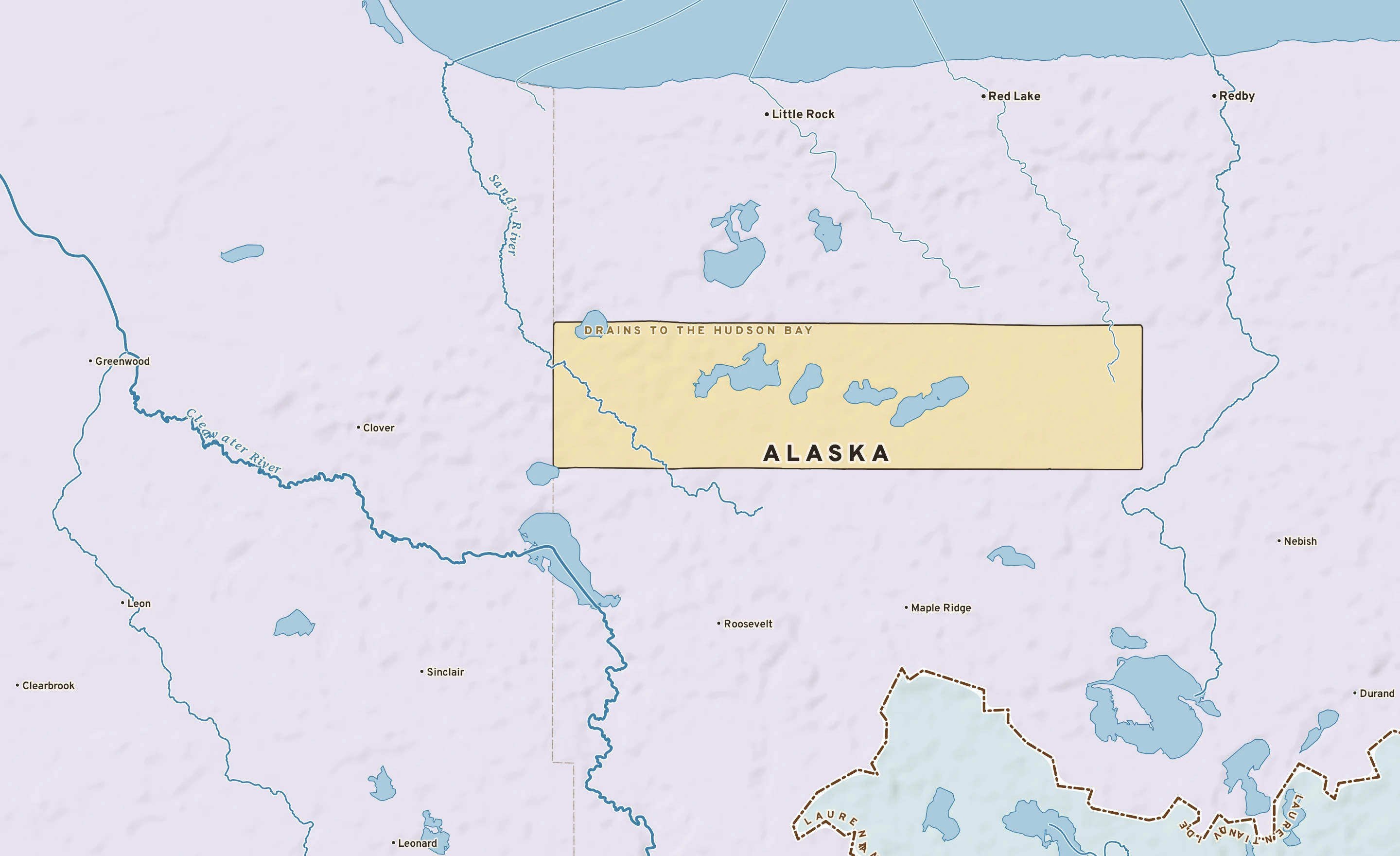 Shaded-relief atlas plate of Alaska, Minnesota: rivers, roads, the city limits and where the water drains.