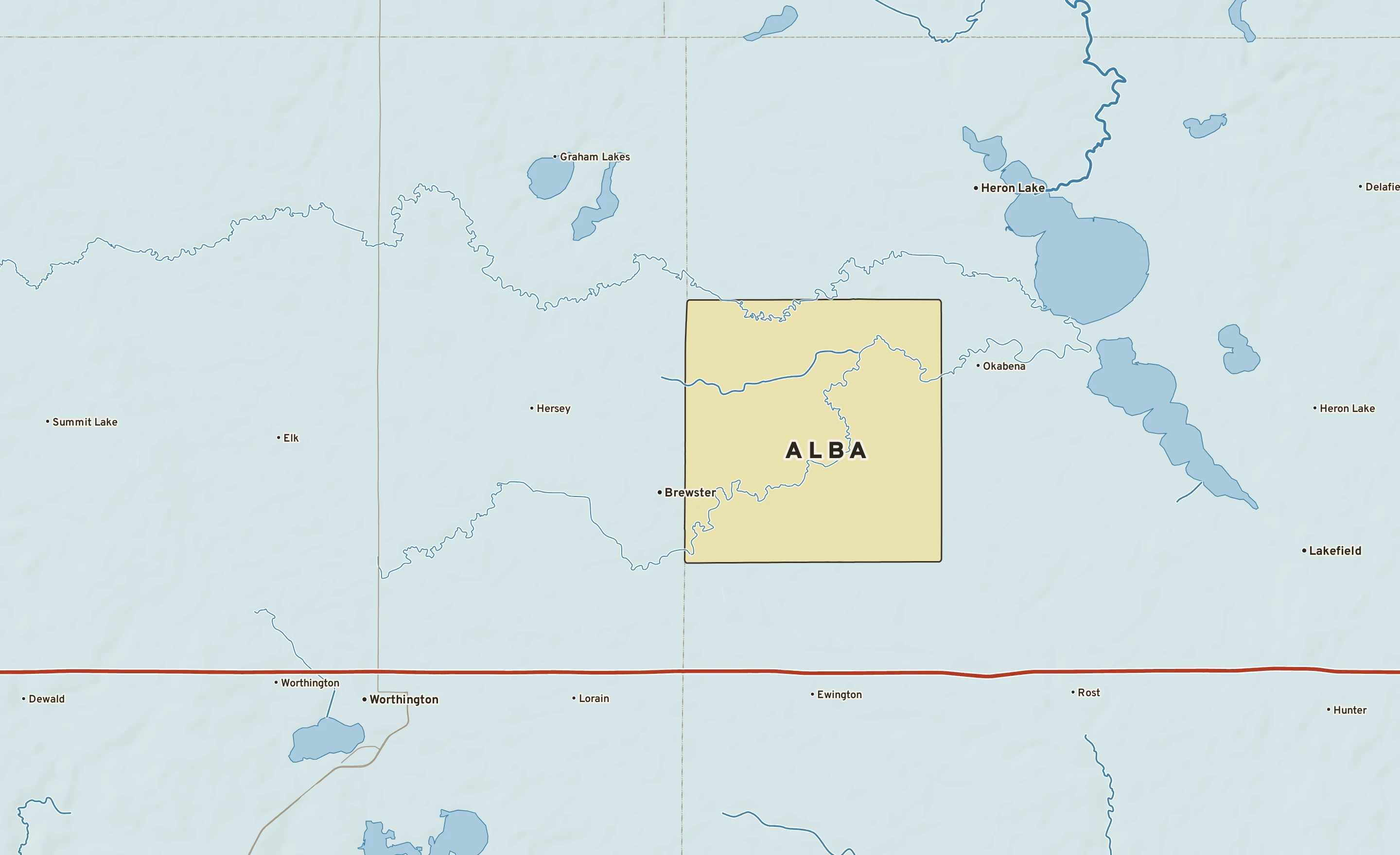 Shaded-relief atlas plate of Alba, Minnesota: rivers, roads, the city limits and where the water drains.