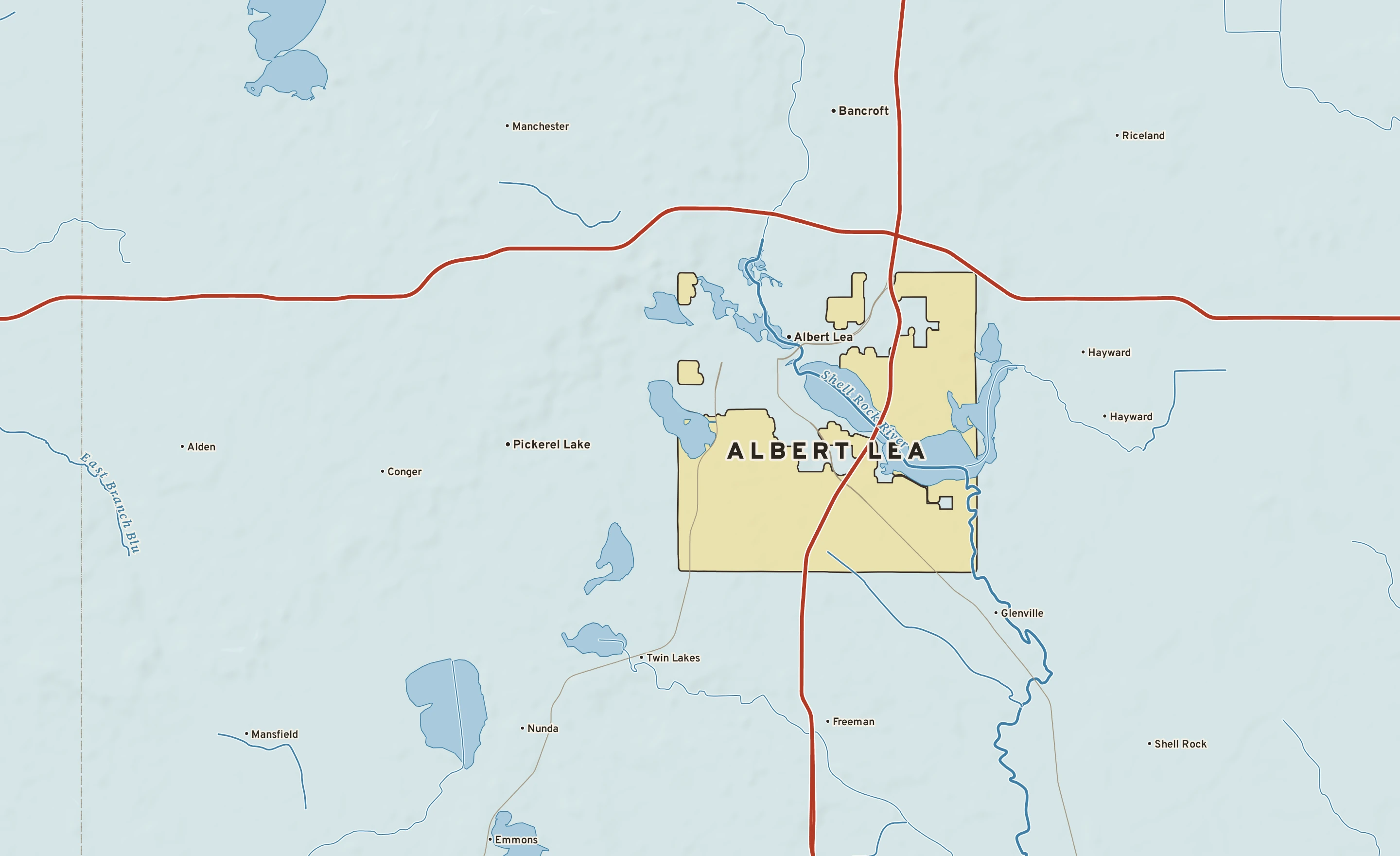 Shaded-relief atlas plate of Albert Lea, Minnesota: rivers, roads, the city limits and where the water drains.
