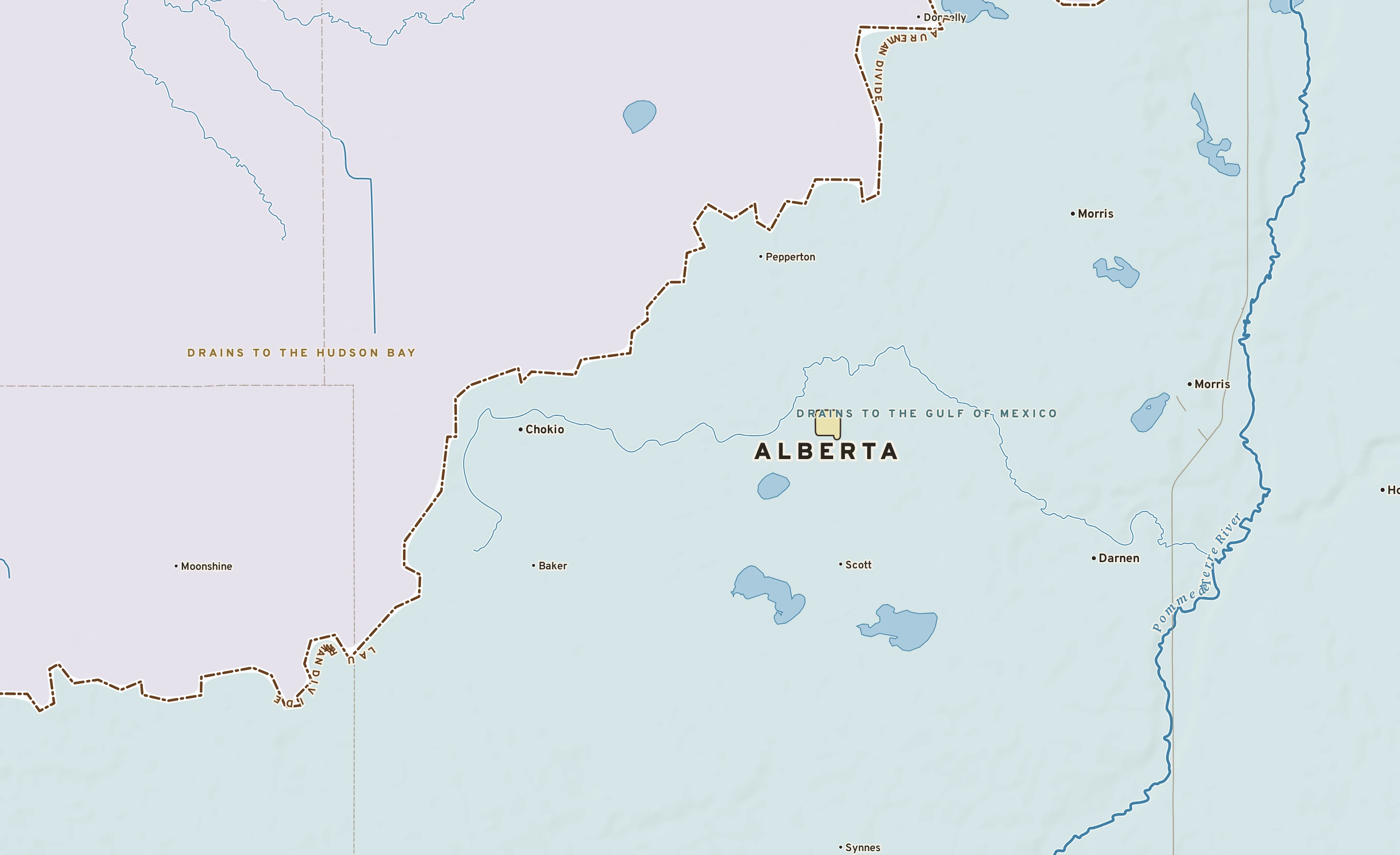 Shaded-relief atlas plate of Alberta, Minnesota: rivers, roads, the city limits and where the water drains.