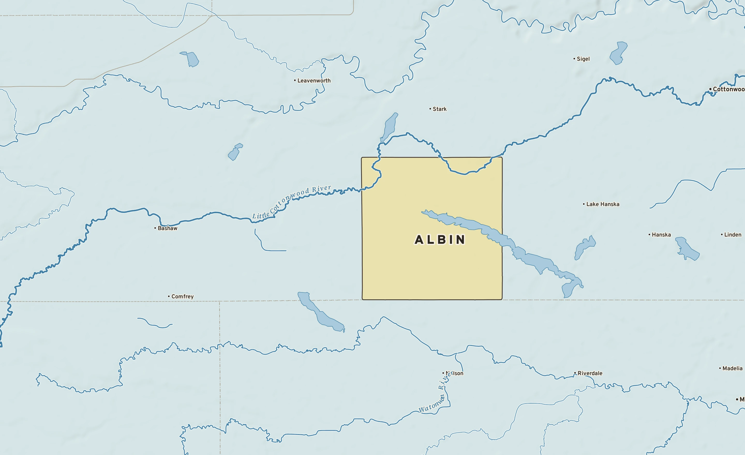Shaded-relief atlas plate of Albin, Minnesota: rivers, roads, the city limits and where the water drains.