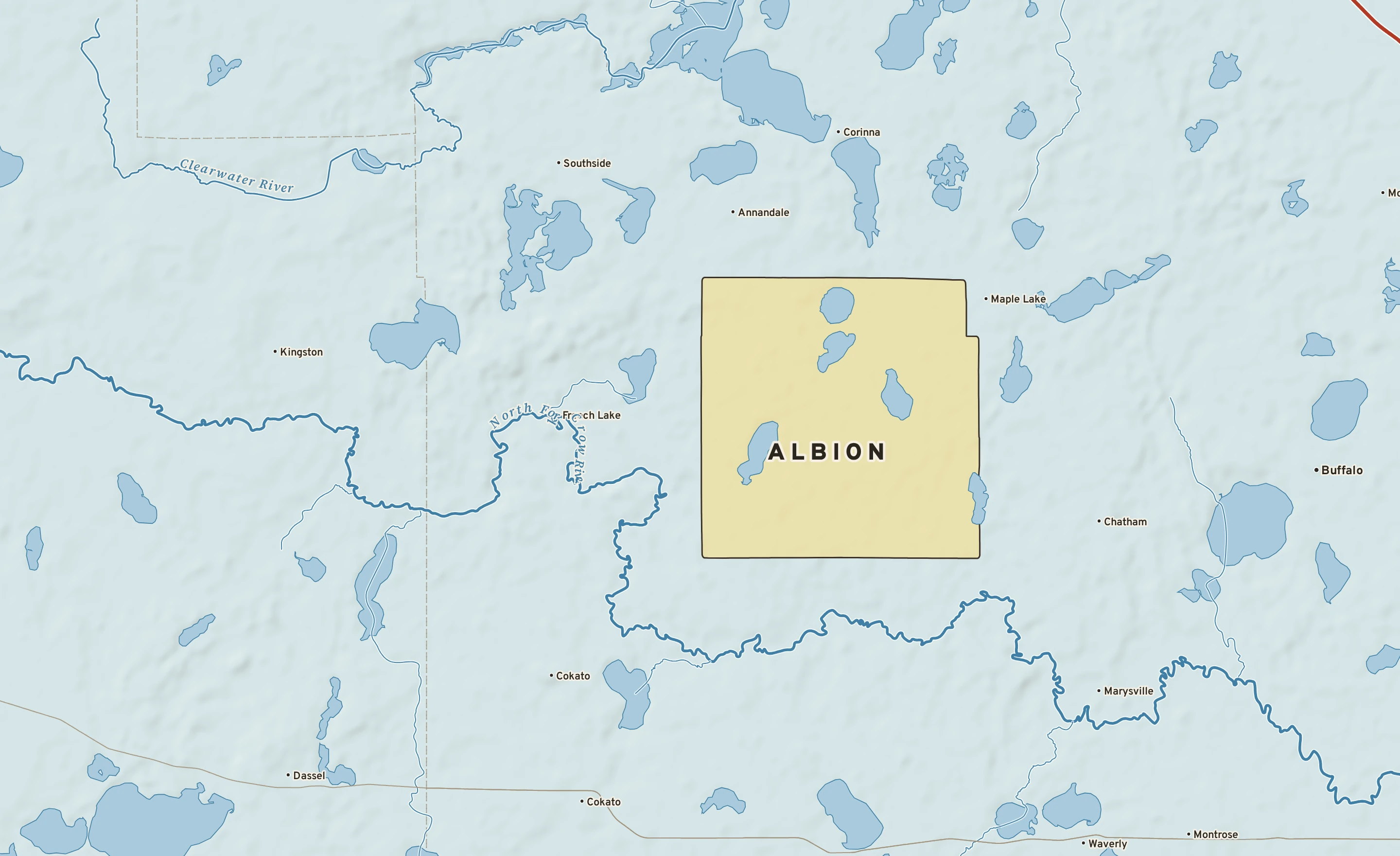 Shaded-relief atlas plate of Albion, Minnesota: rivers, roads, the city limits and where the water drains.