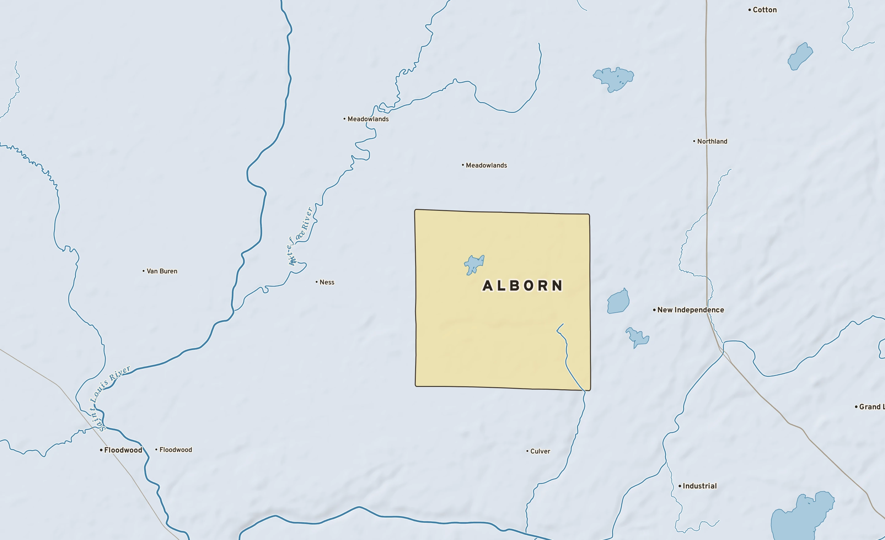 Shaded-relief atlas plate of Alborn, Minnesota: rivers, roads, the city limits and where the water drains.