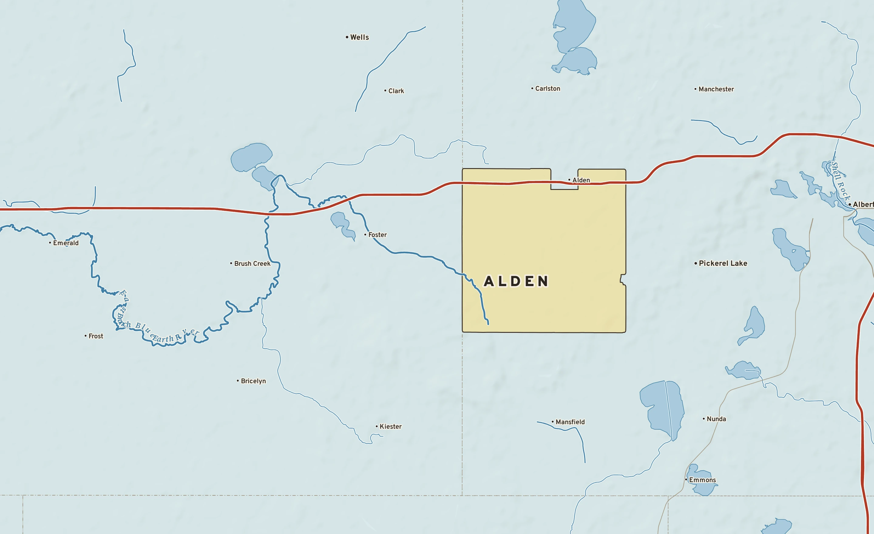 Shaded-relief atlas plate of Alden, Minnesota: rivers, roads, the city limits and where the water drains.