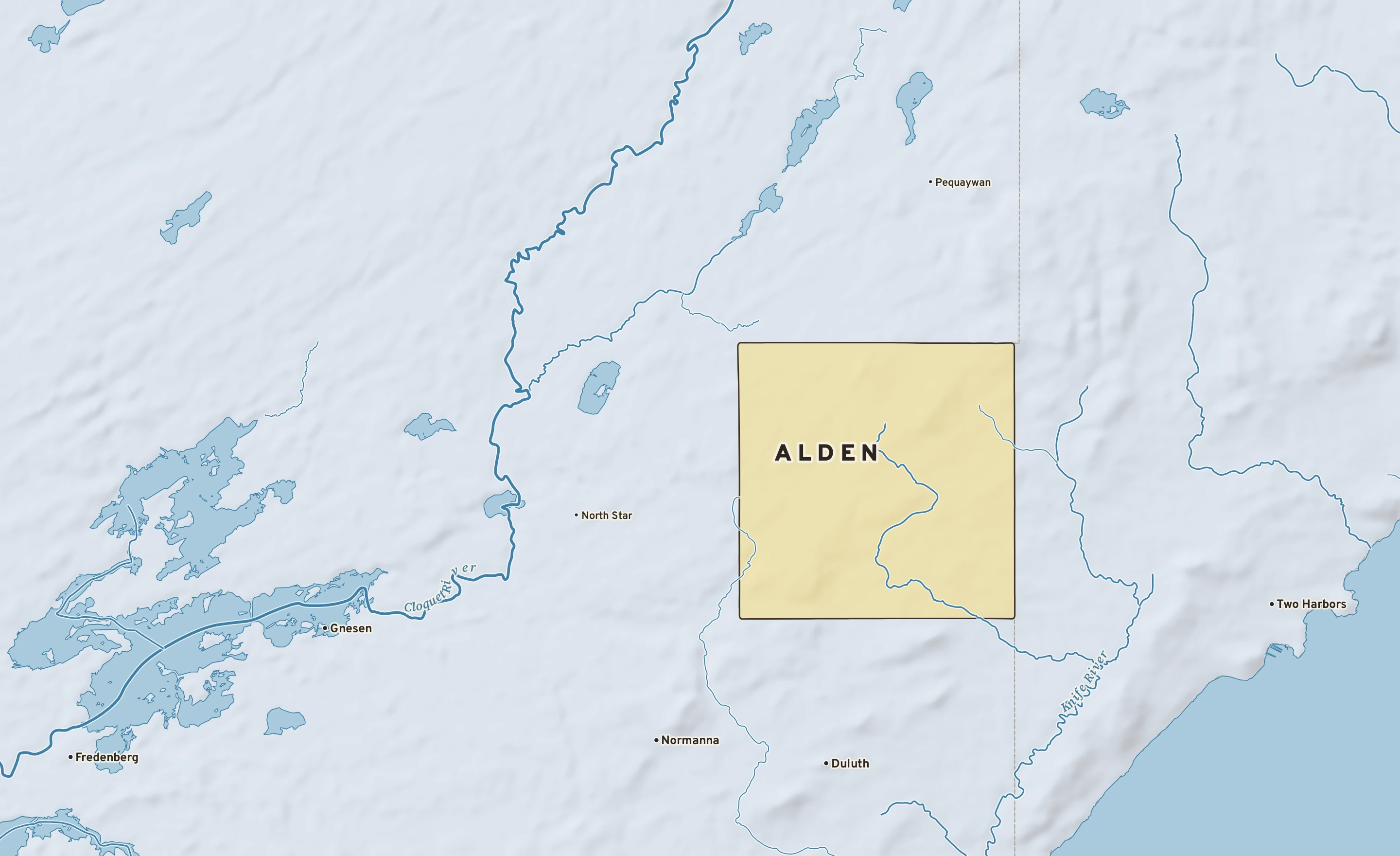 Shaded-relief atlas plate of Alden, Minnesota: rivers, roads, the city limits and where the water drains.