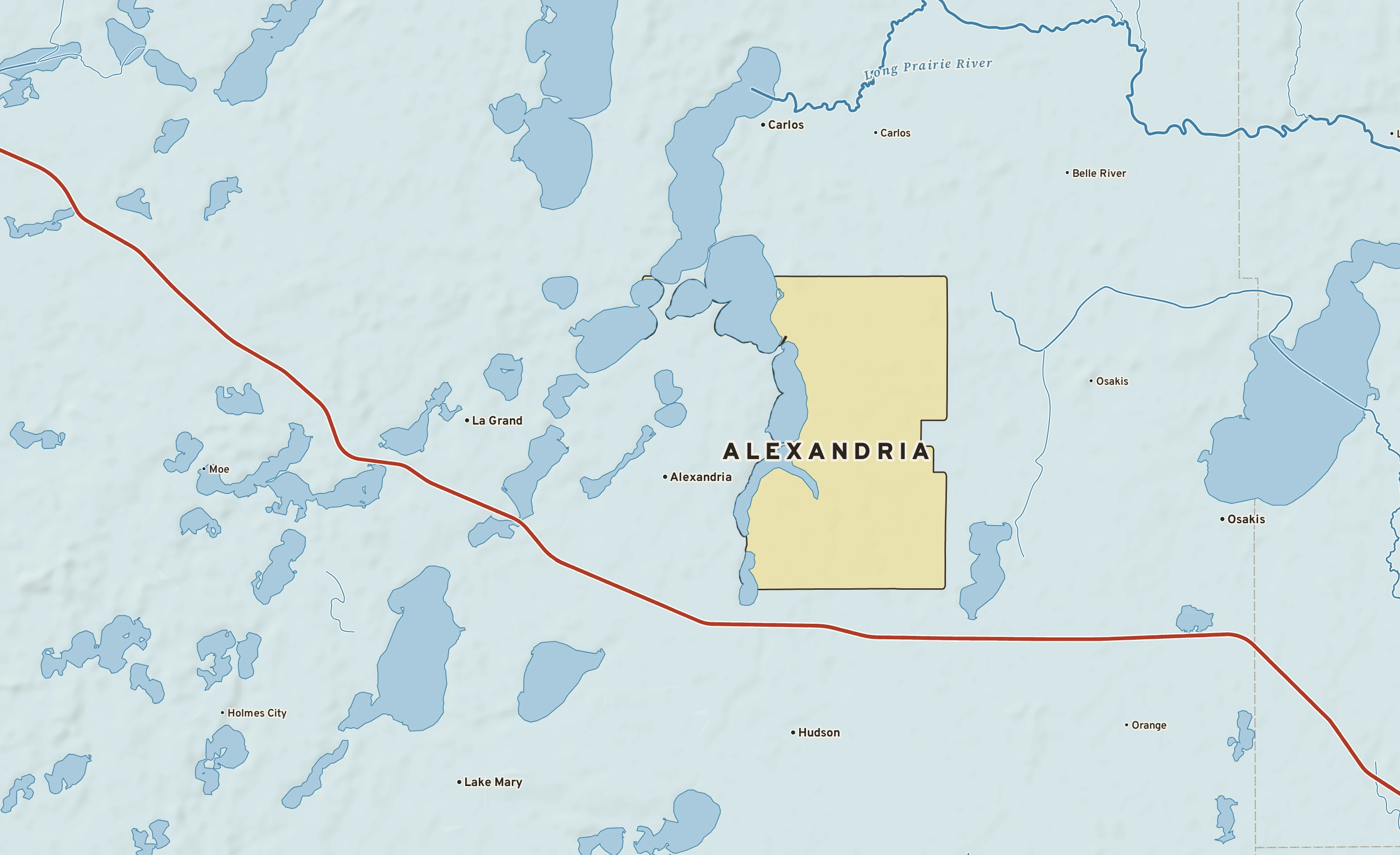 Shaded-relief atlas plate of Alexandria, Minnesota: rivers, roads, the city limits and where the water drains.