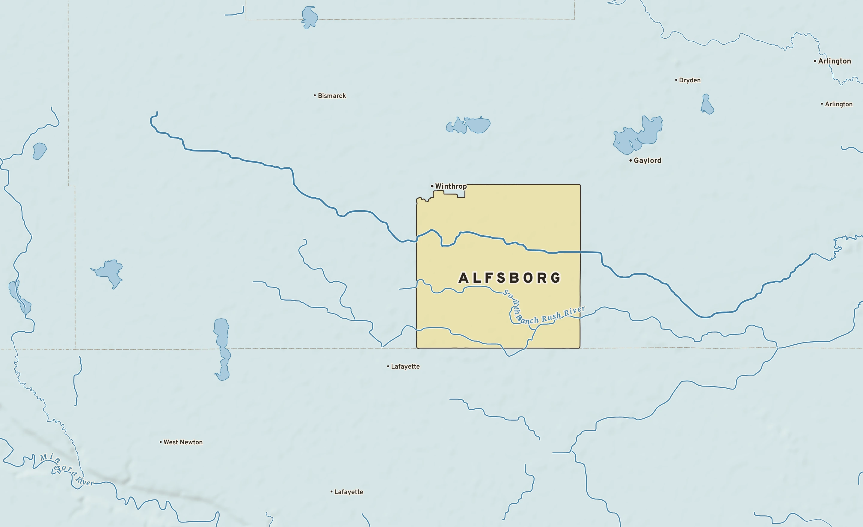 Shaded-relief atlas plate of Alfsborg, Minnesota: rivers, roads, the city limits and where the water drains.