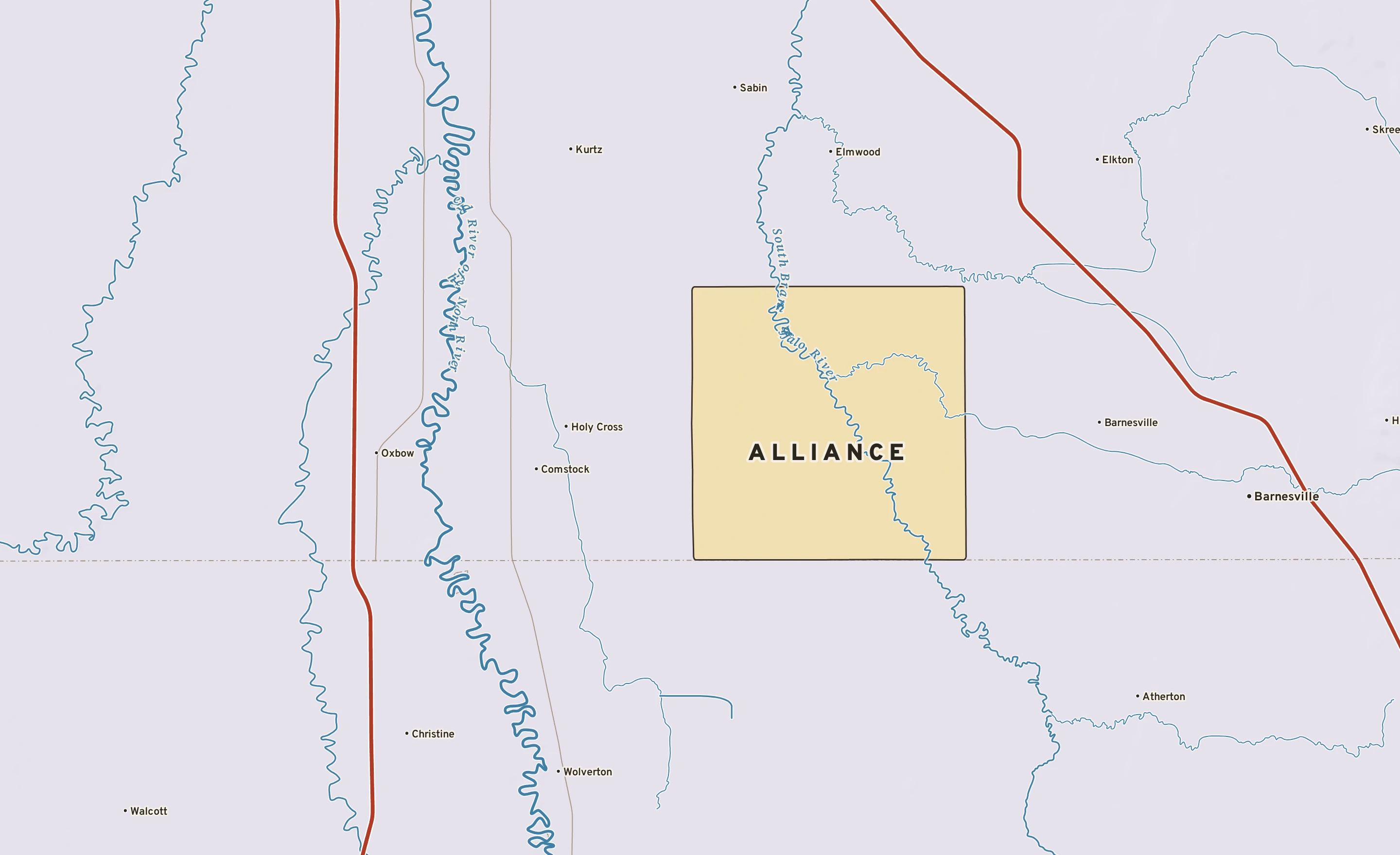 Shaded-relief atlas plate of Alliance, Minnesota: rivers, roads, the city limits and where the water drains.