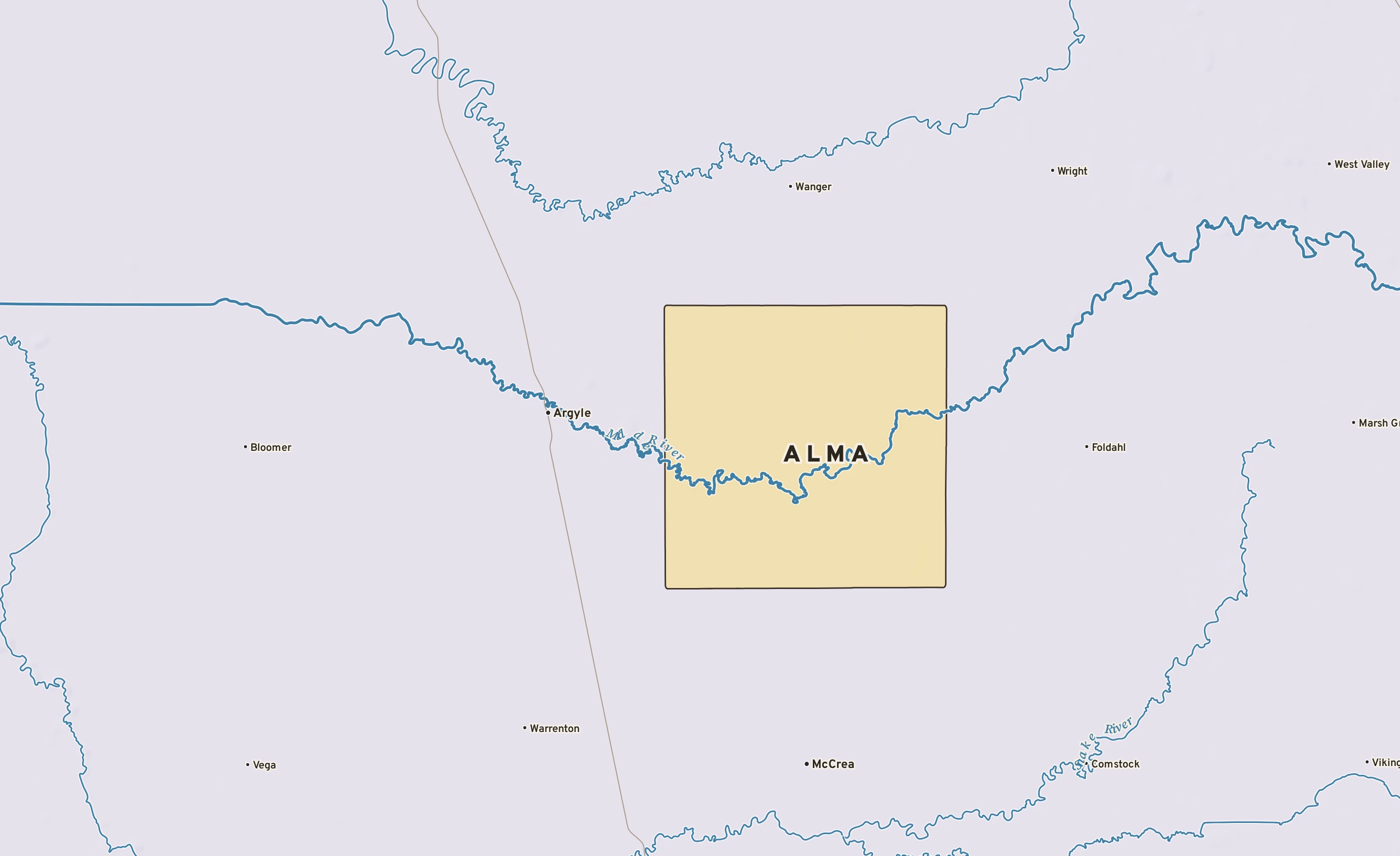 Shaded-relief atlas plate of Alma, Minnesota: rivers, roads, the city limits and where the water drains.