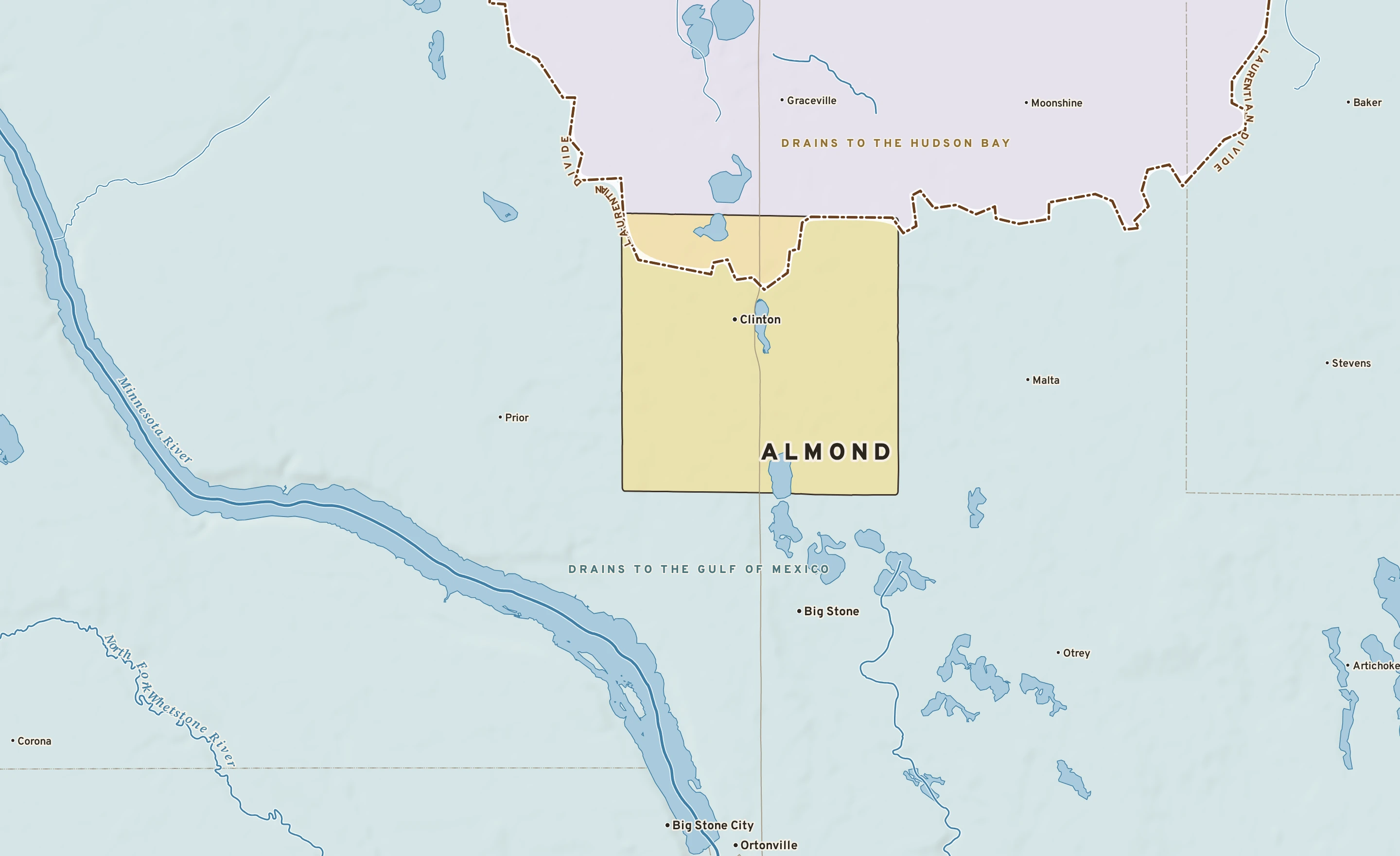 Shaded-relief atlas plate of Almond, Minnesota: rivers, roads, the city limits and where the water drains.