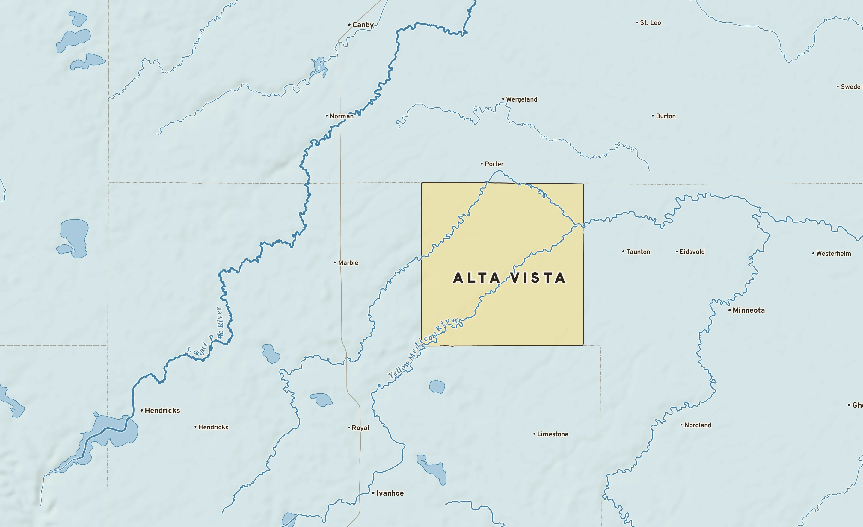Shaded-relief atlas plate of Alta Vista, Minnesota: rivers, roads, the city limits and where the water drains.