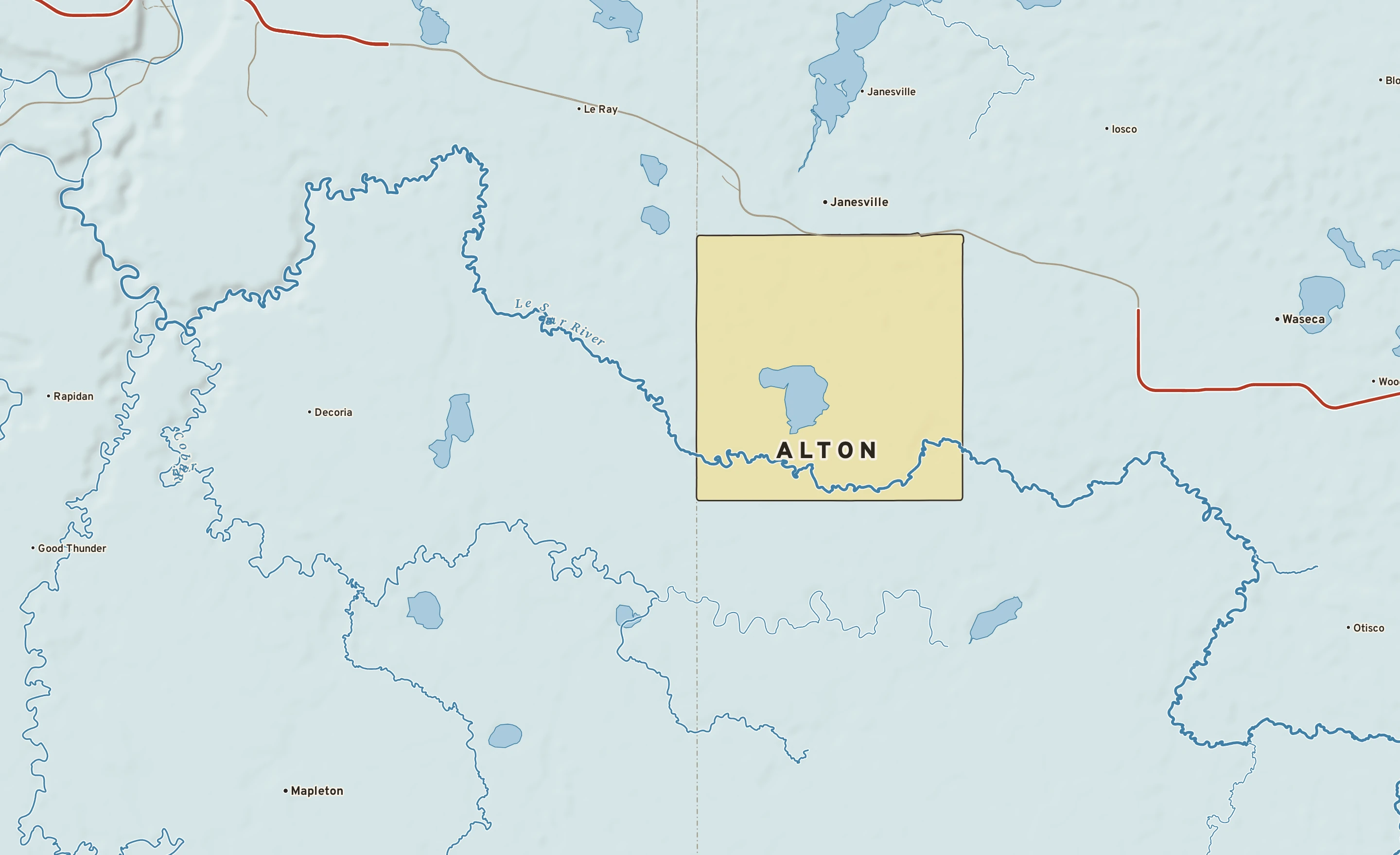 Shaded-relief atlas plate of Alton, Minnesota: rivers, roads, the city limits and where the water drains.