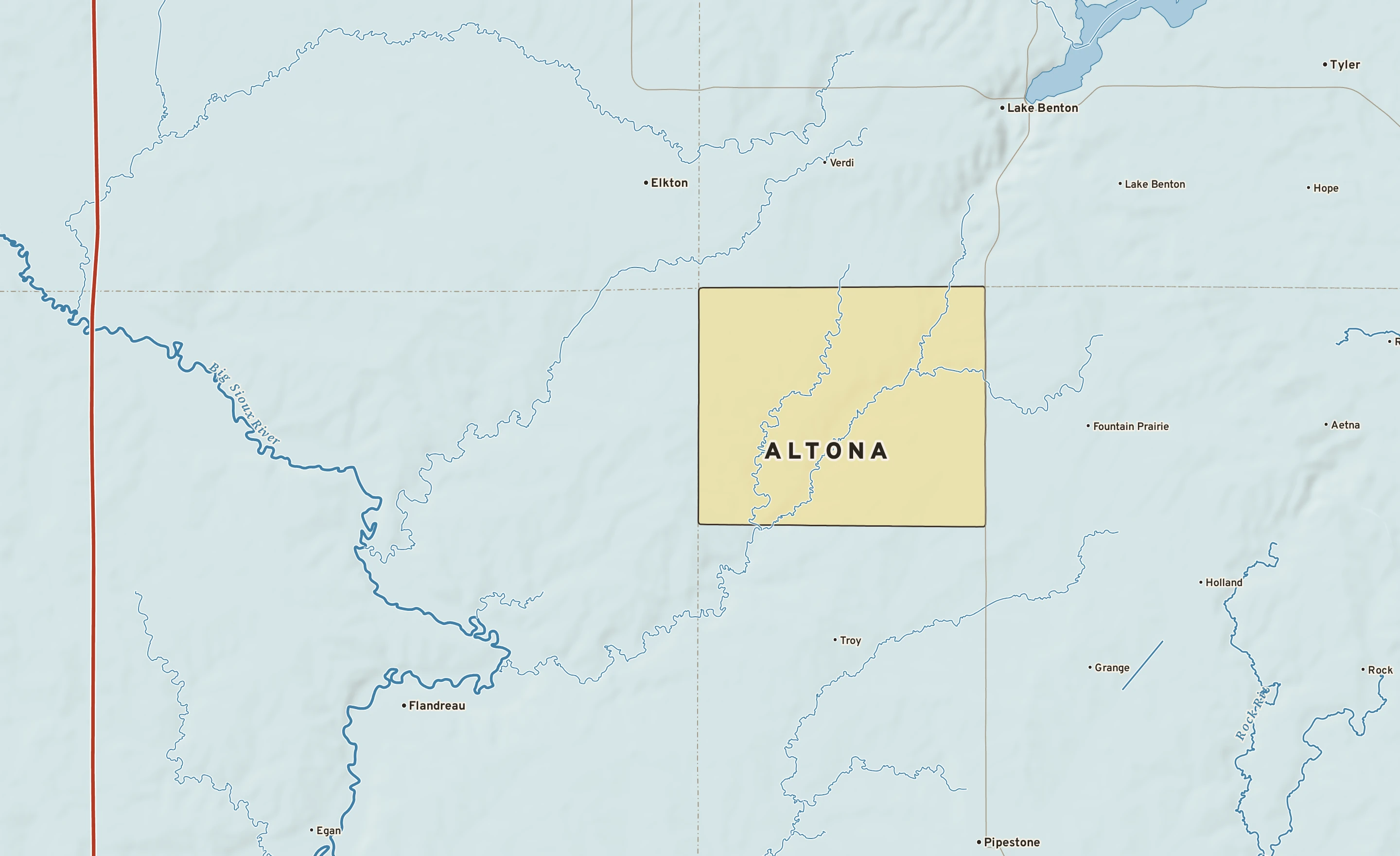 Shaded-relief atlas plate of Altona, Minnesota: rivers, roads, the city limits and where the water drains.