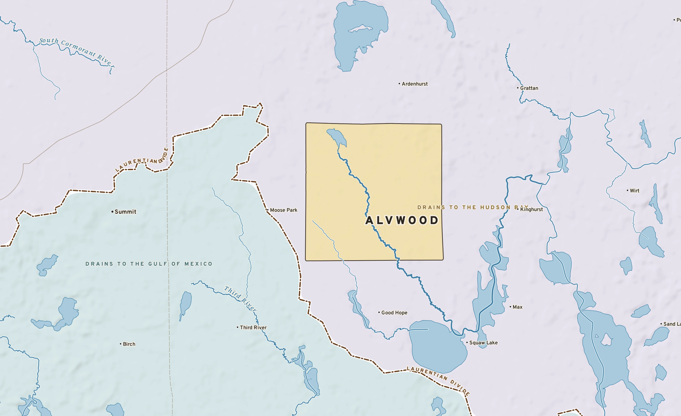 Shaded-relief atlas plate of Alvwood, Minnesota: rivers, roads, the city limits and where the water drains.