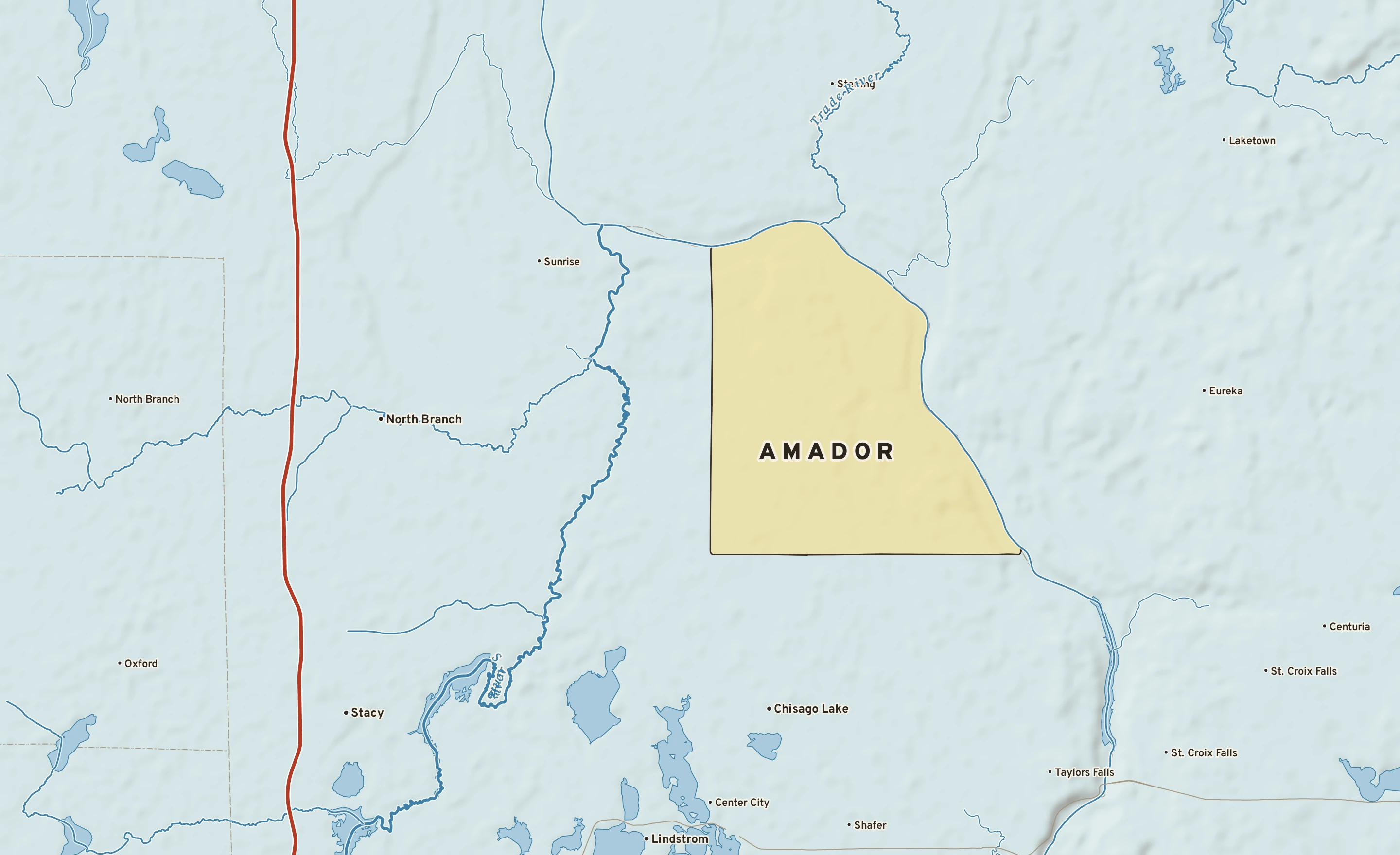 Shaded-relief atlas plate of Amador, Minnesota: rivers, roads, the city limits and where the water drains.