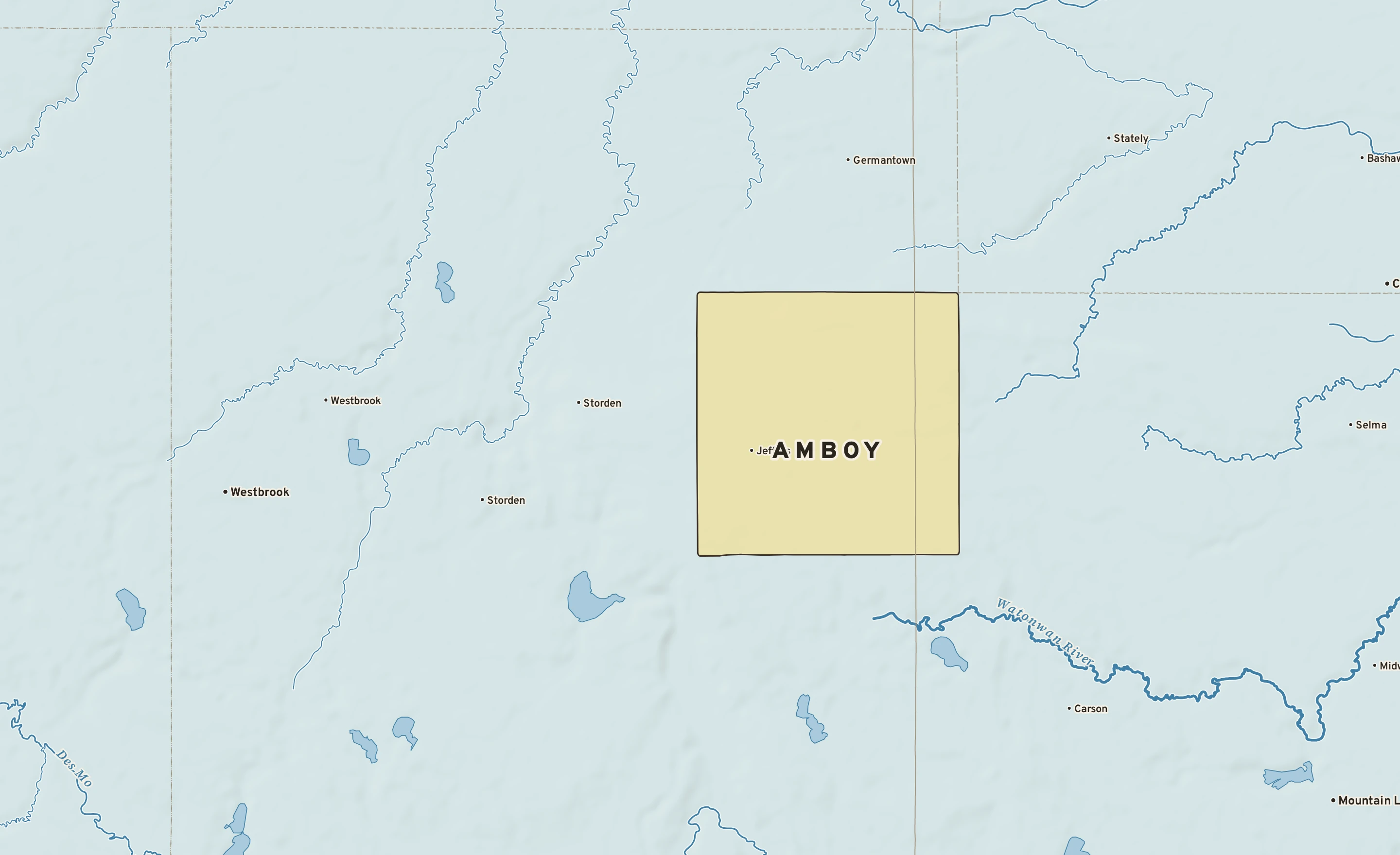 Shaded-relief atlas plate of Amboy, Minnesota: rivers, roads, the city limits and where the water drains.