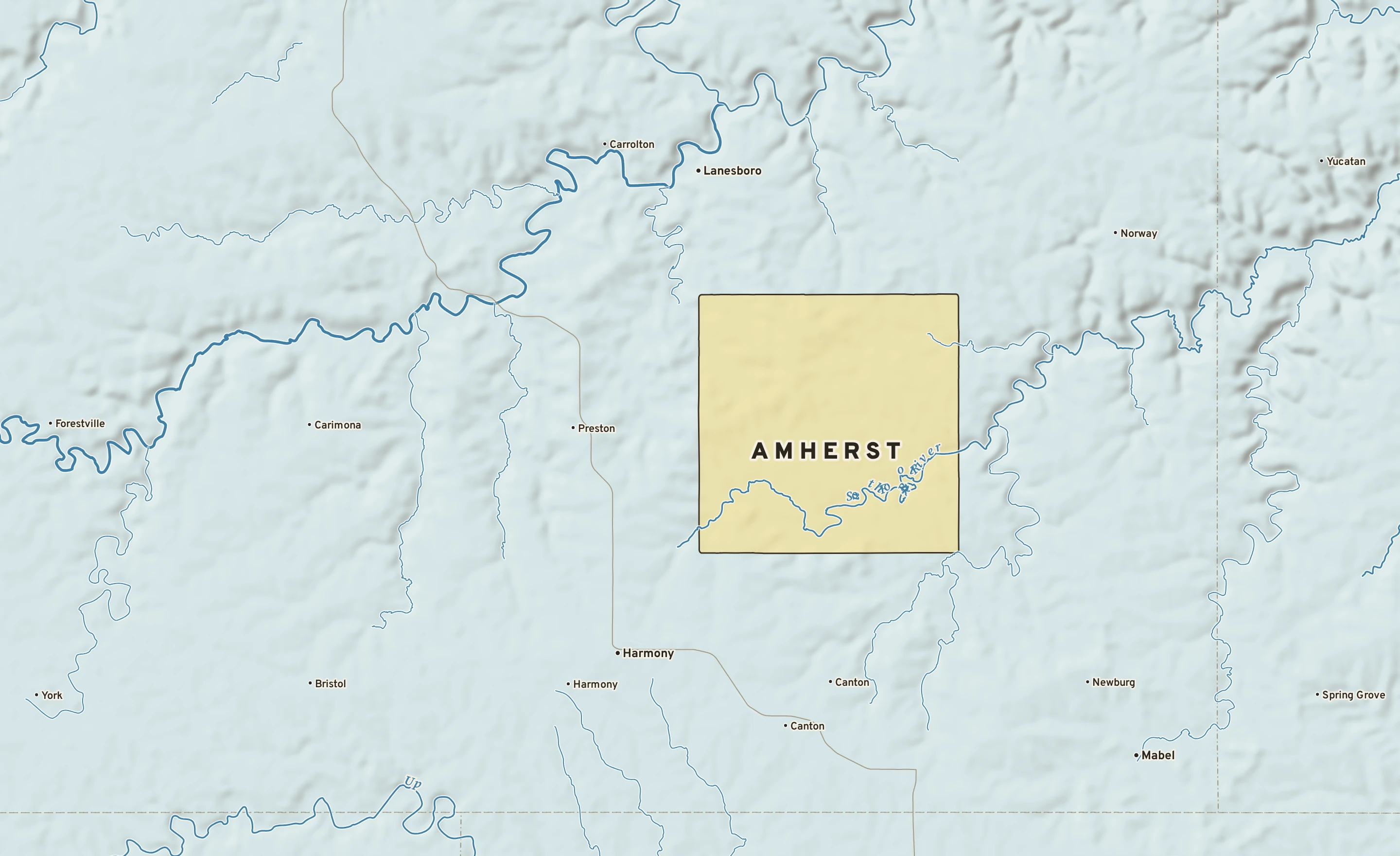 Shaded-relief atlas plate of Amherst, Minnesota: rivers, roads, the city limits and where the water drains.