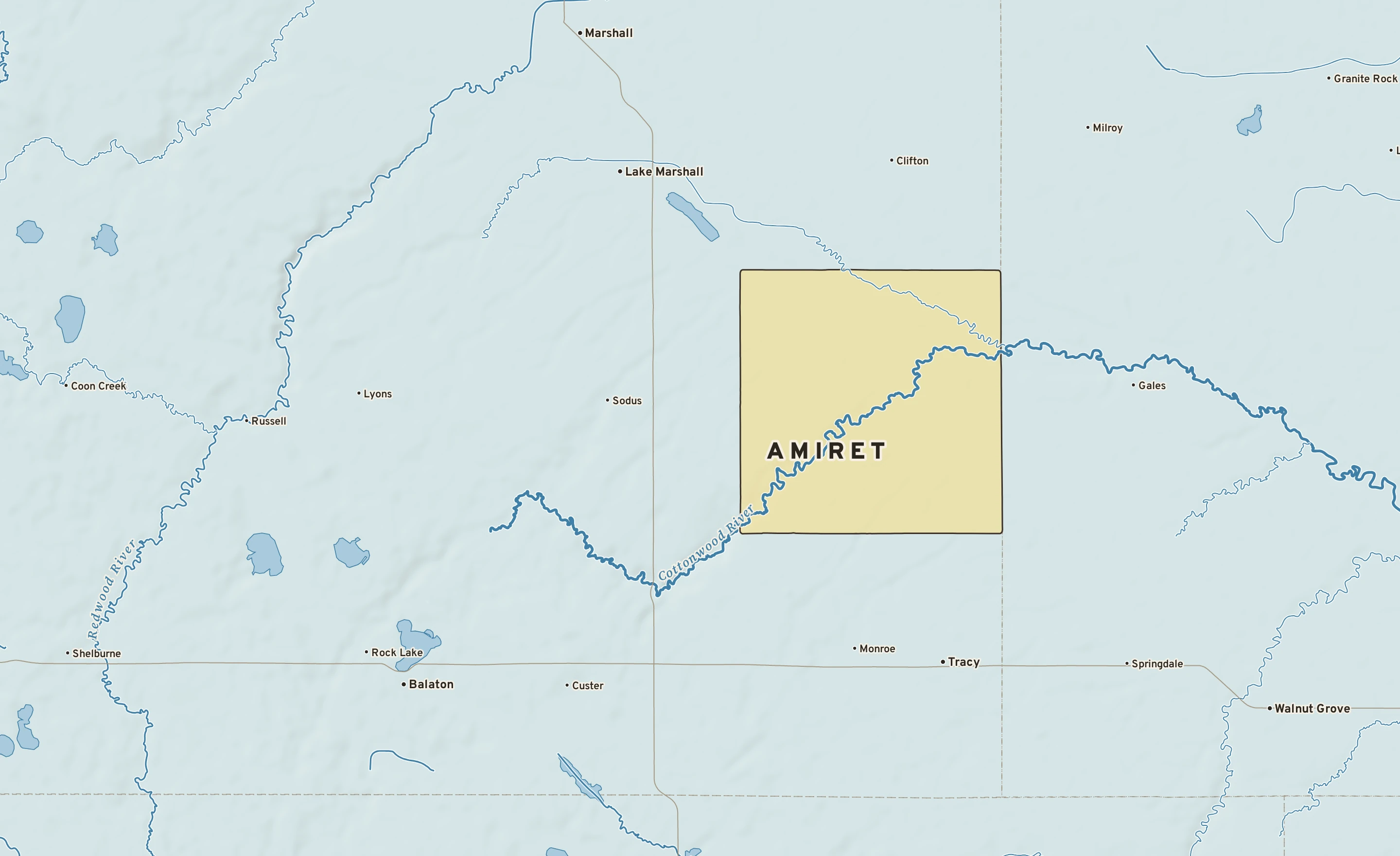Shaded-relief atlas plate of Amiret, Minnesota: rivers, roads, the city limits and where the water drains.