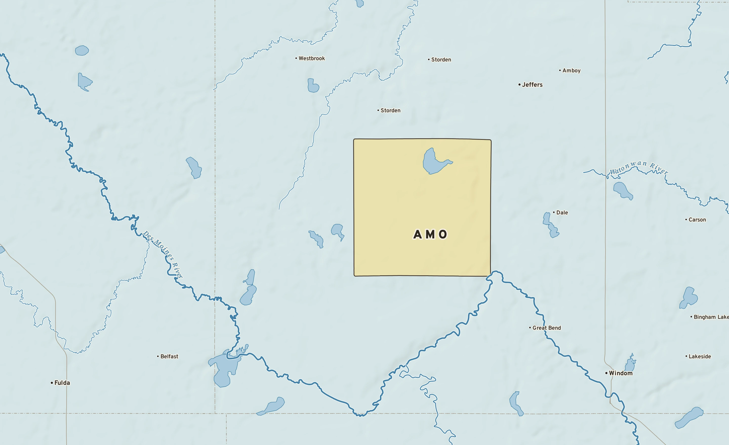 Shaded-relief atlas plate of Amo, Minnesota: rivers, roads, the city limits and where the water drains.