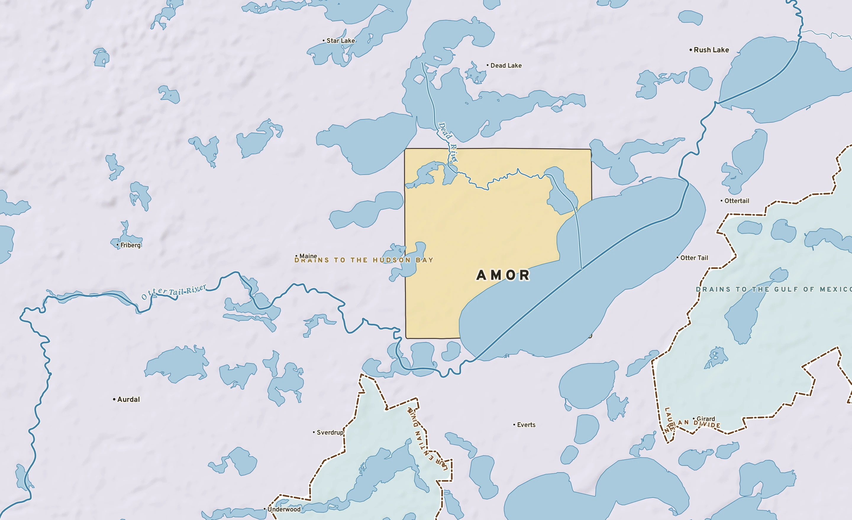 Shaded-relief atlas plate of Amor, Minnesota: rivers, roads, the city limits and where the water drains.