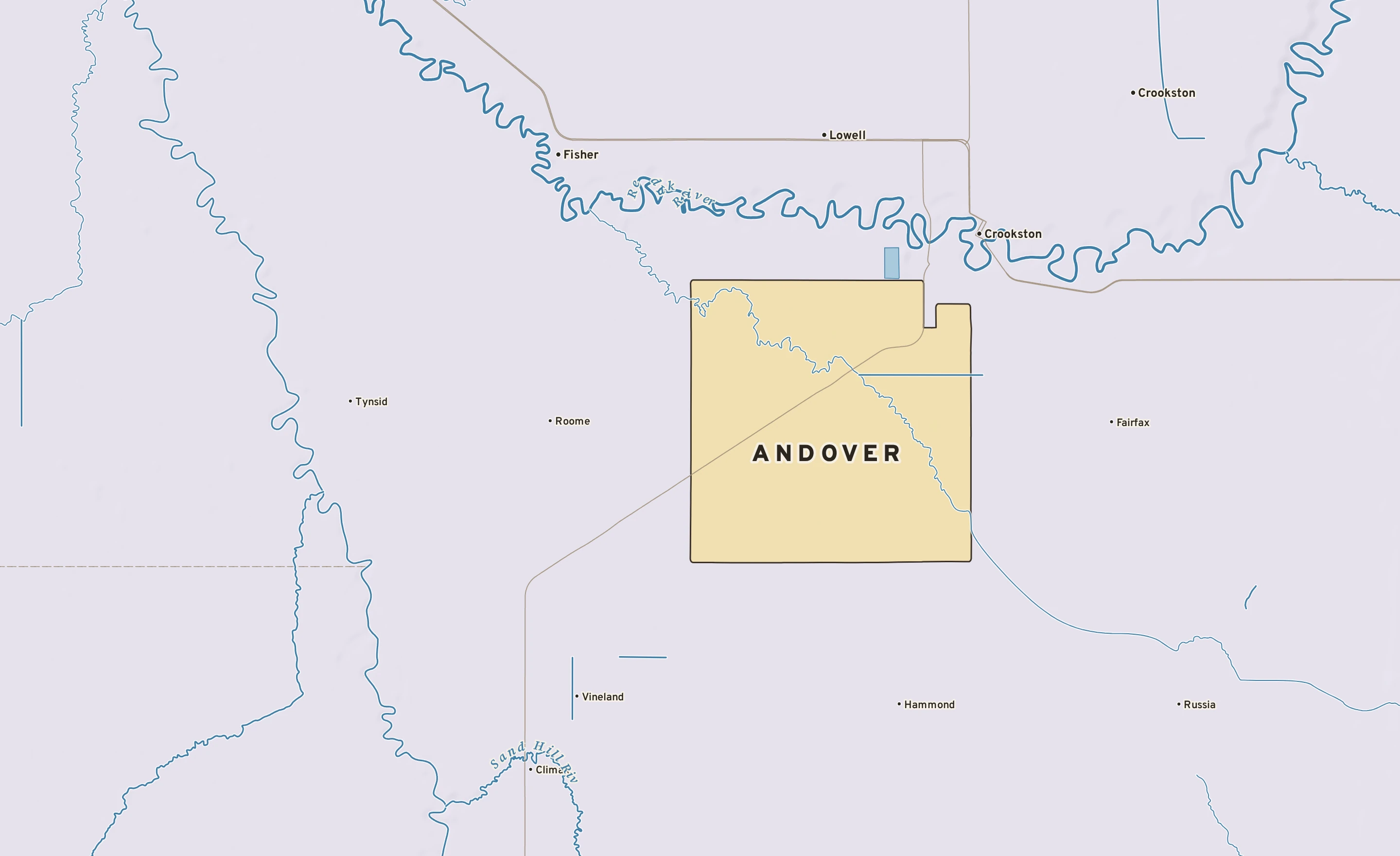 Shaded-relief atlas plate of Andover, Minnesota: rivers, roads, the city limits and where the water drains.