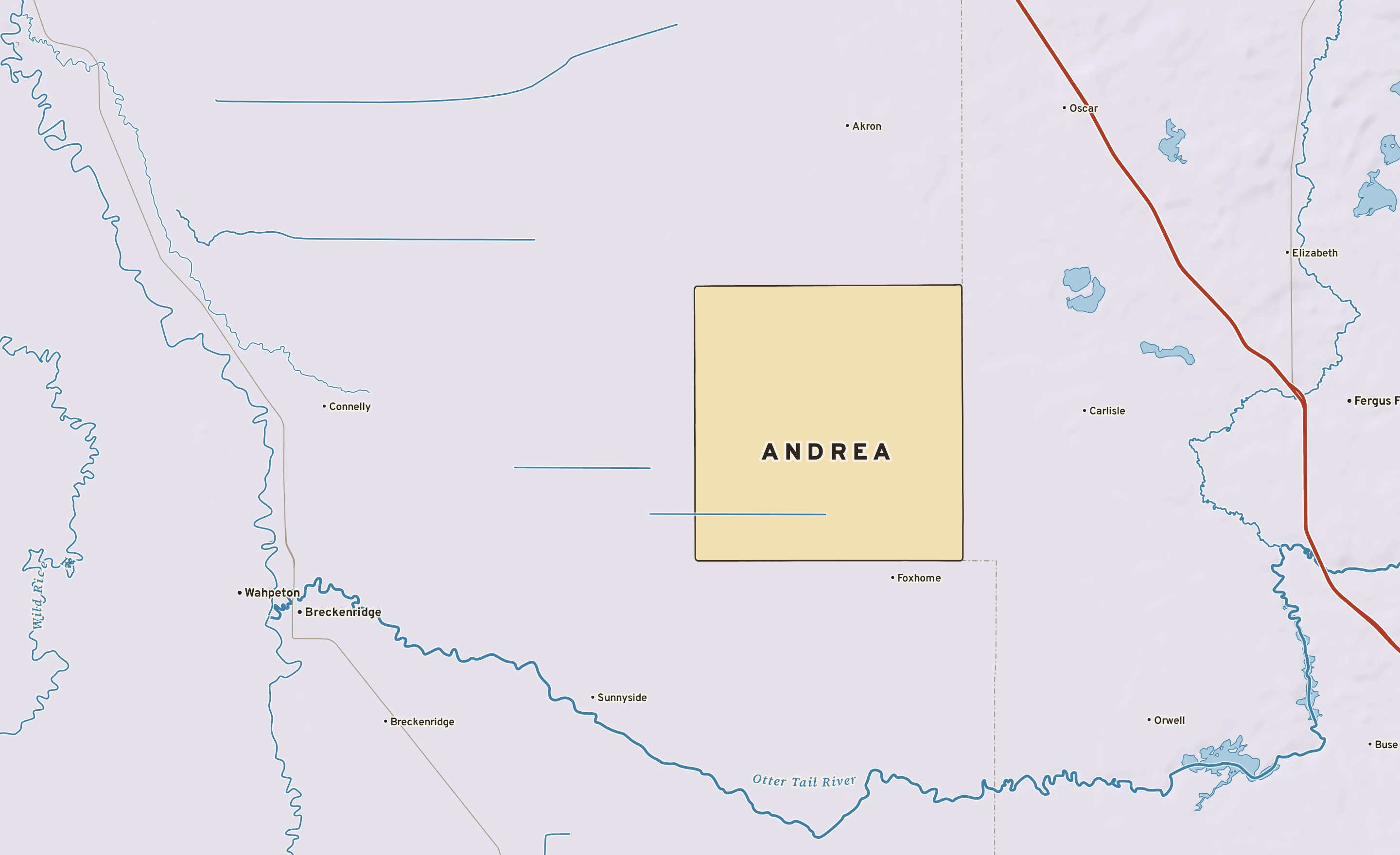 Shaded-relief atlas plate of Andrea, Minnesota: rivers, roads, the city limits and where the water drains.