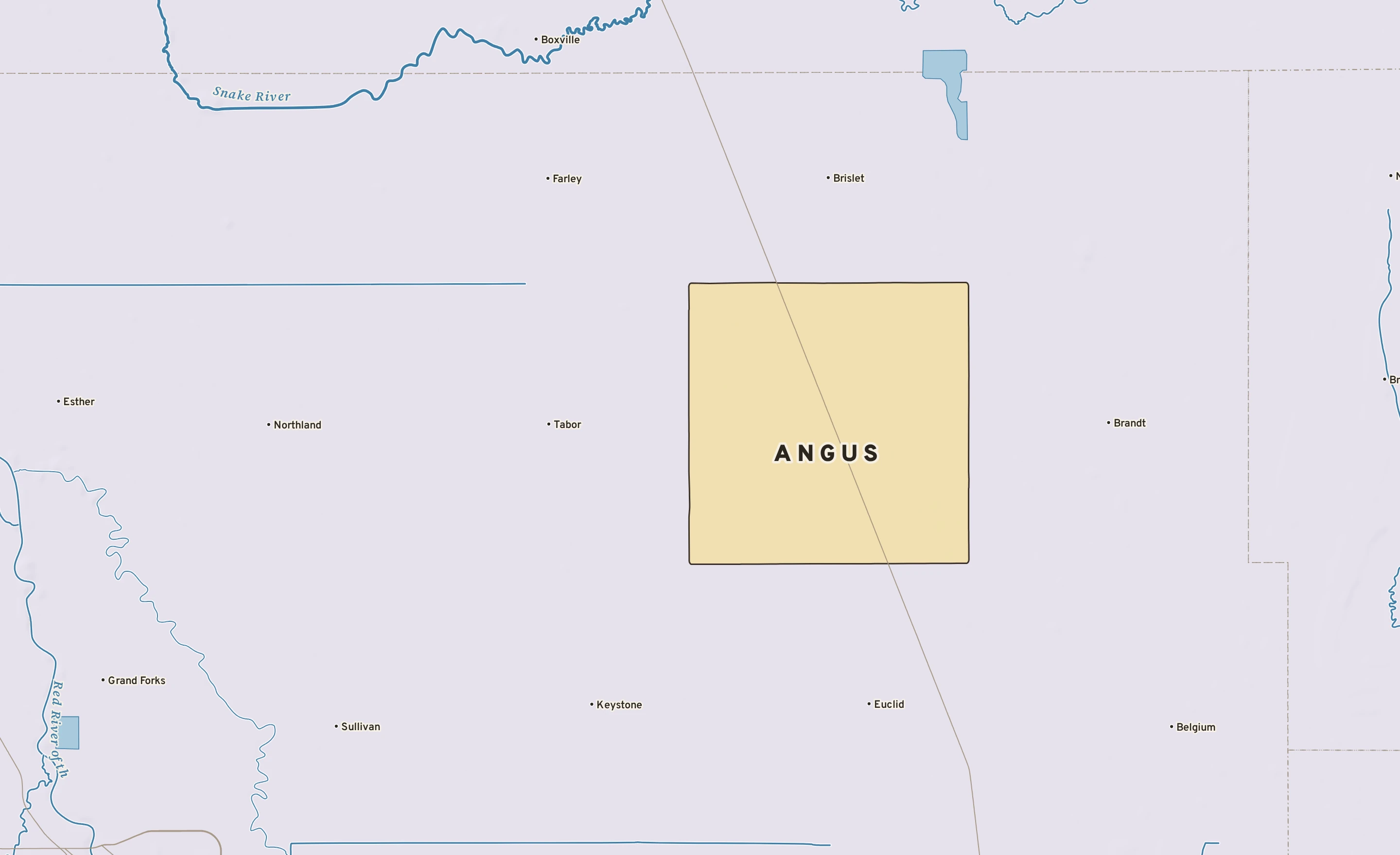 Shaded-relief atlas plate of Angus, Minnesota: rivers, roads, the city limits and where the water drains.