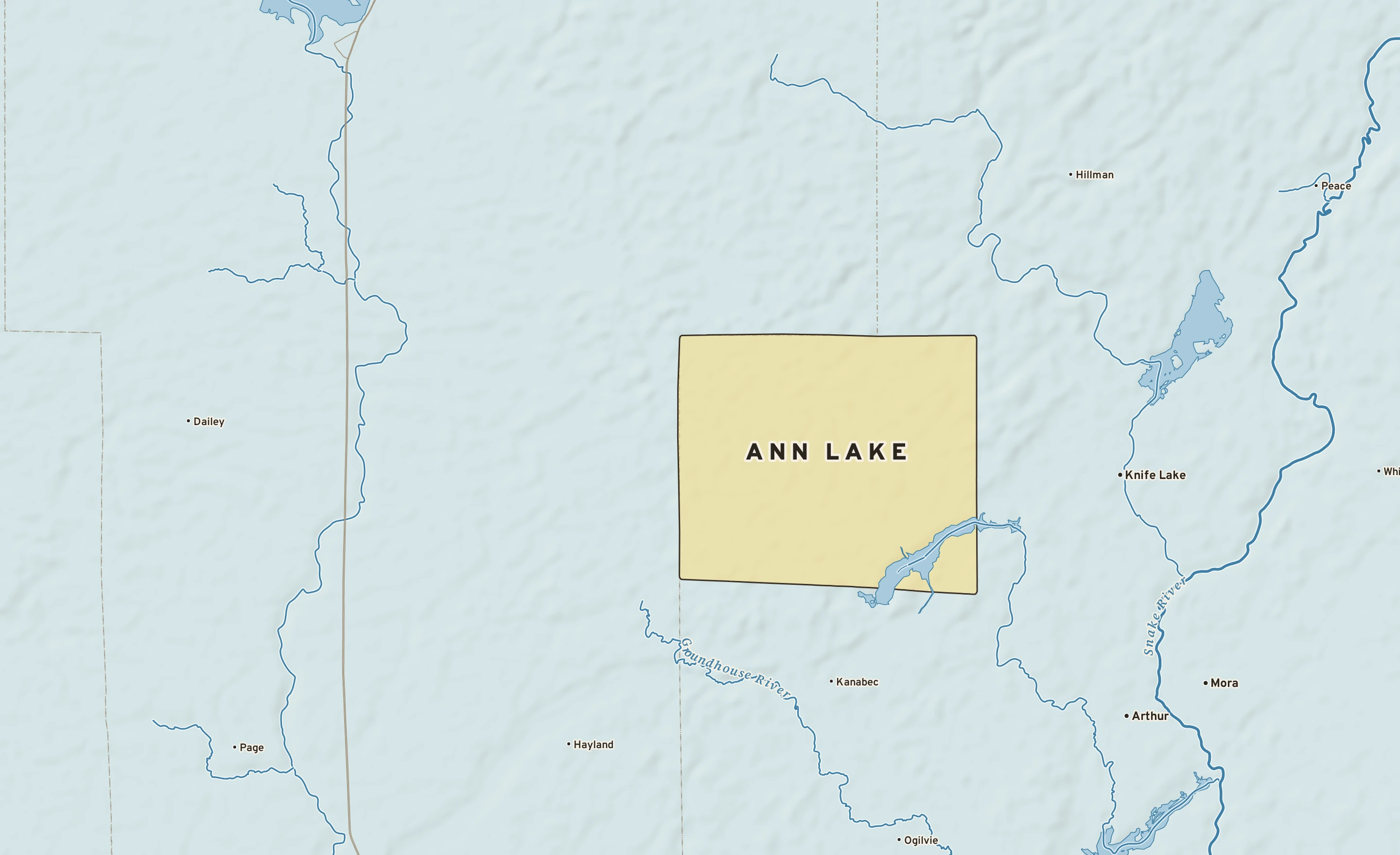 Shaded-relief atlas plate of Ann Lake, Minnesota: rivers, roads, the city limits and where the water drains.