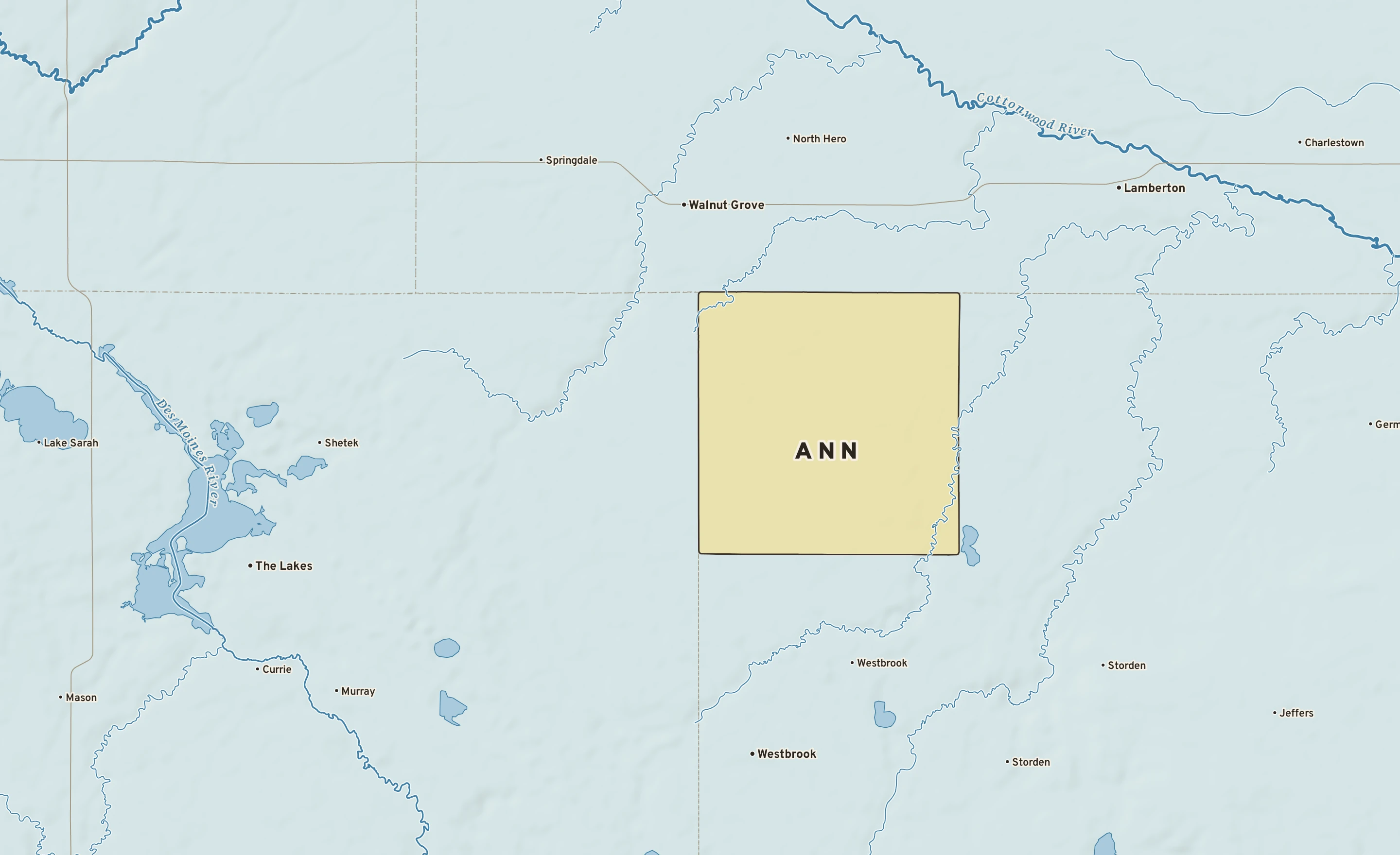 Shaded-relief atlas plate of Ann, Minnesota: rivers, roads, the city limits and where the water drains.
