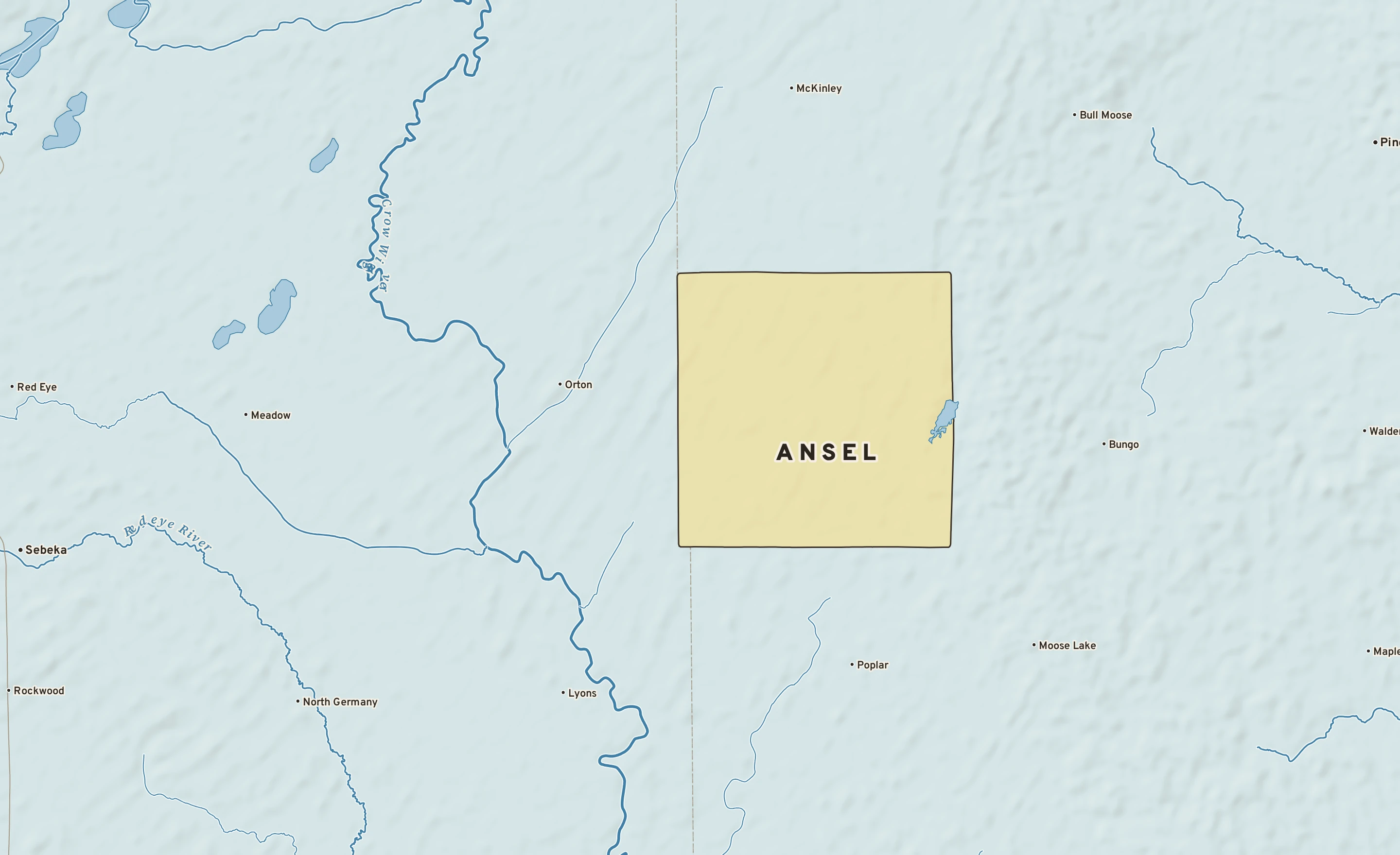 Shaded-relief atlas plate of Ansel, Minnesota: rivers, roads, the city limits and where the water drains.