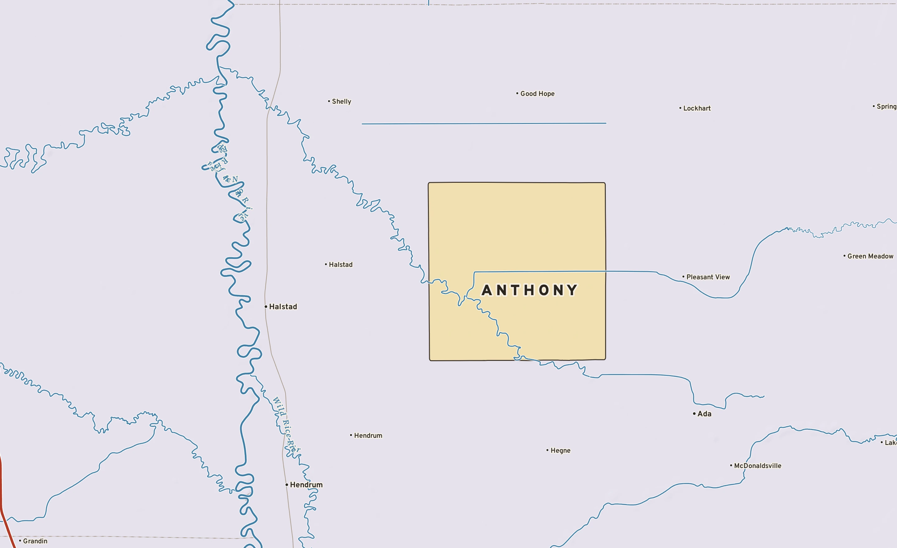 Shaded-relief atlas plate of Anthony, Minnesota: rivers, roads, the city limits and where the water drains.