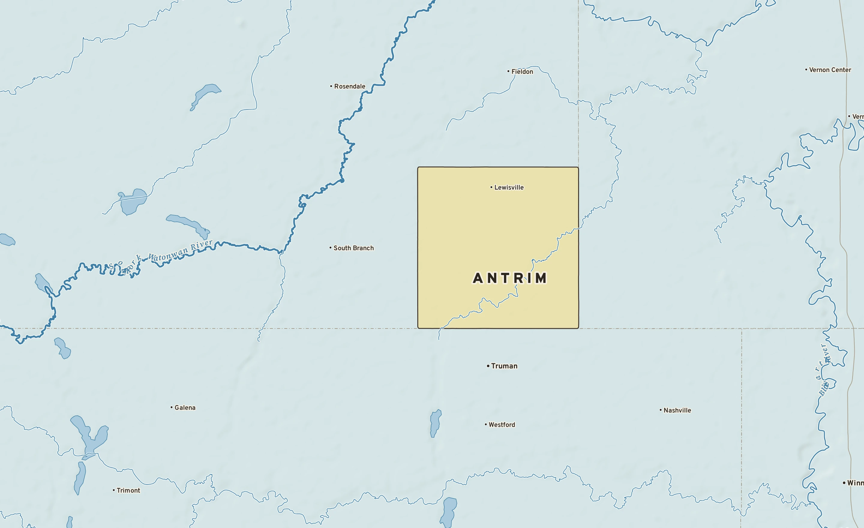 Shaded-relief atlas plate of Antrim, Minnesota: rivers, roads, the city limits and where the water drains.